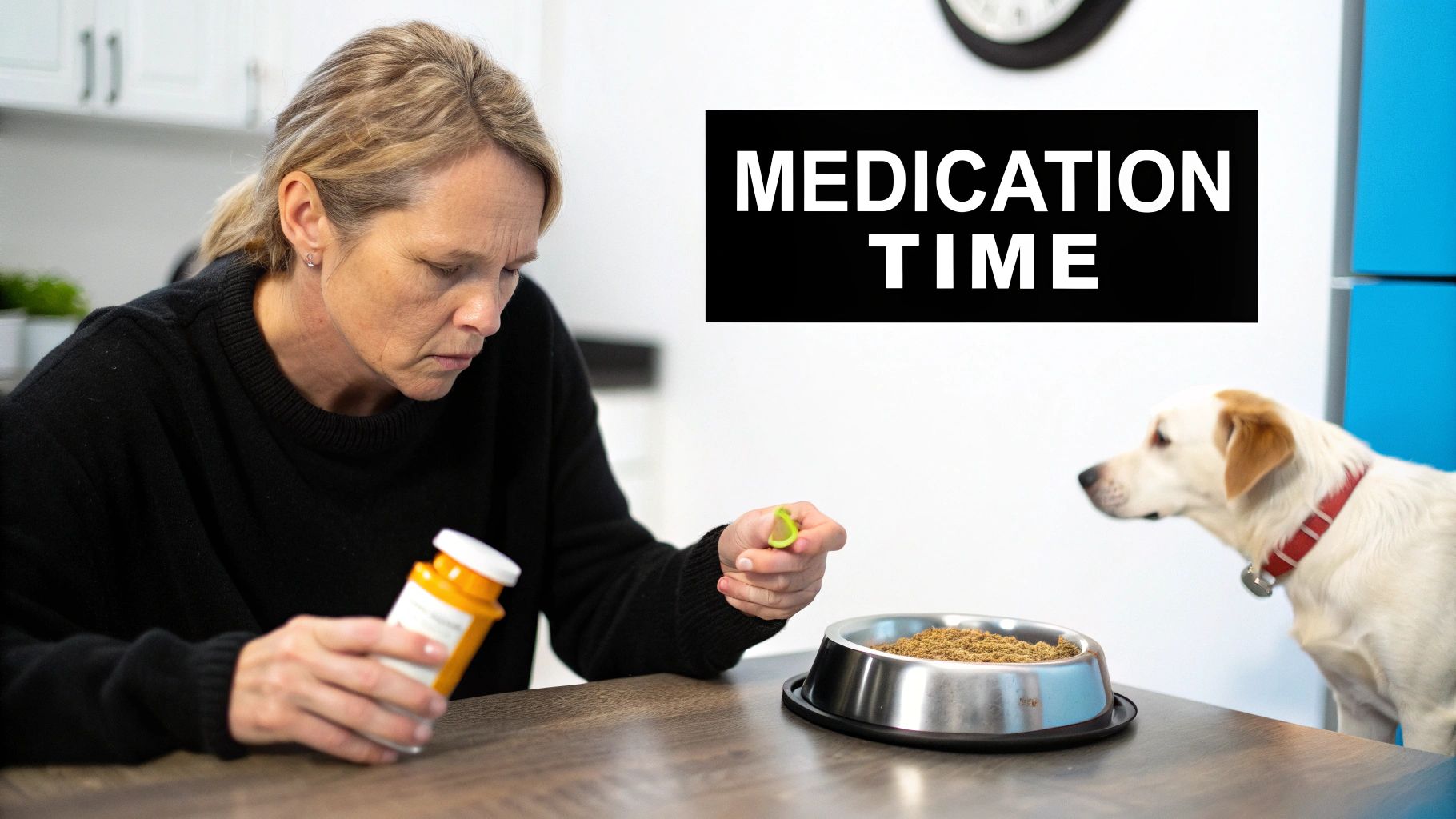 A woman prepares medication for her dog, holding a pill bottle and a treat near the dog's food bowl.