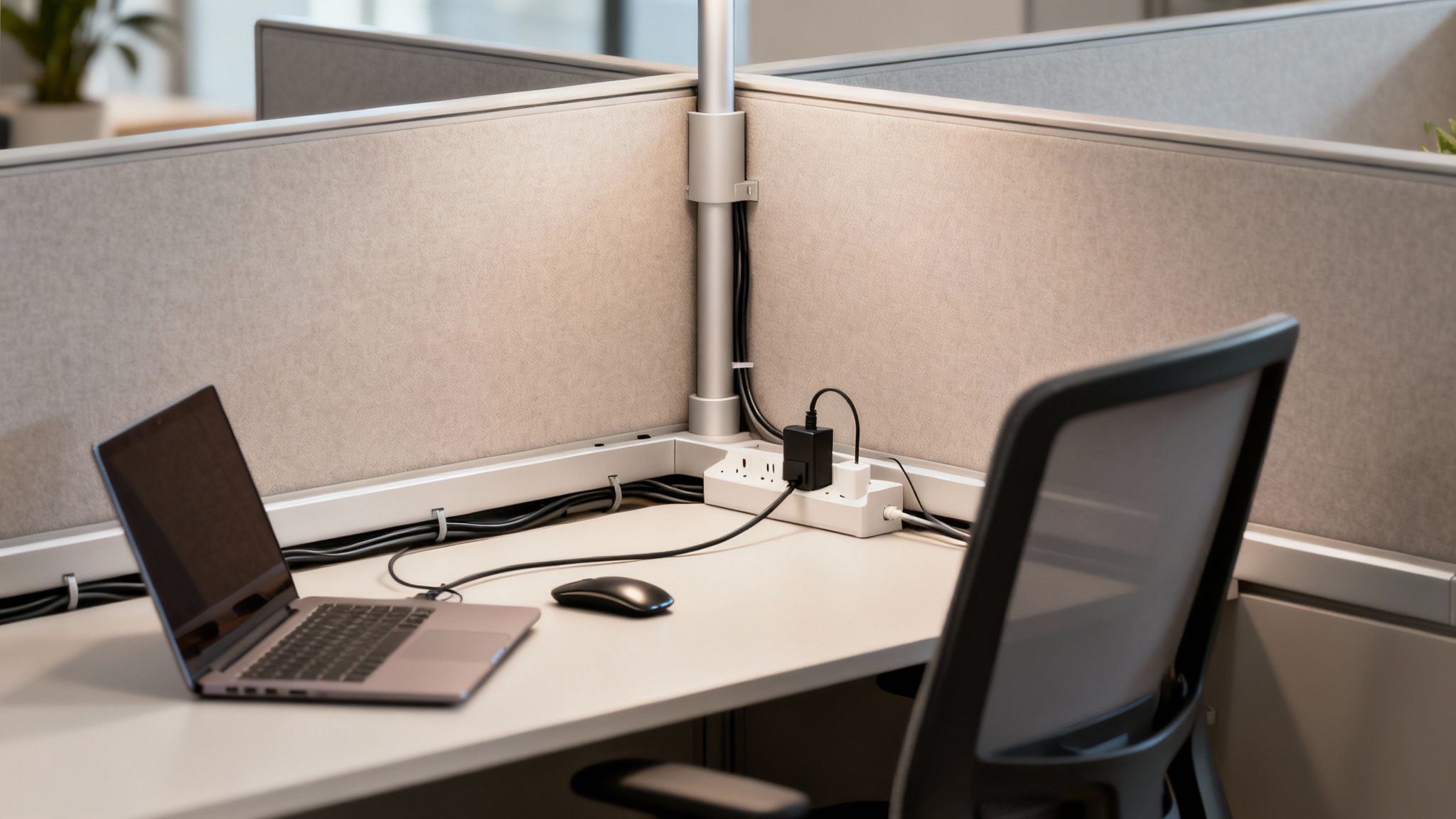 A tidy office cubicle with a laptop, mouse, and power strip on a clean desk.
