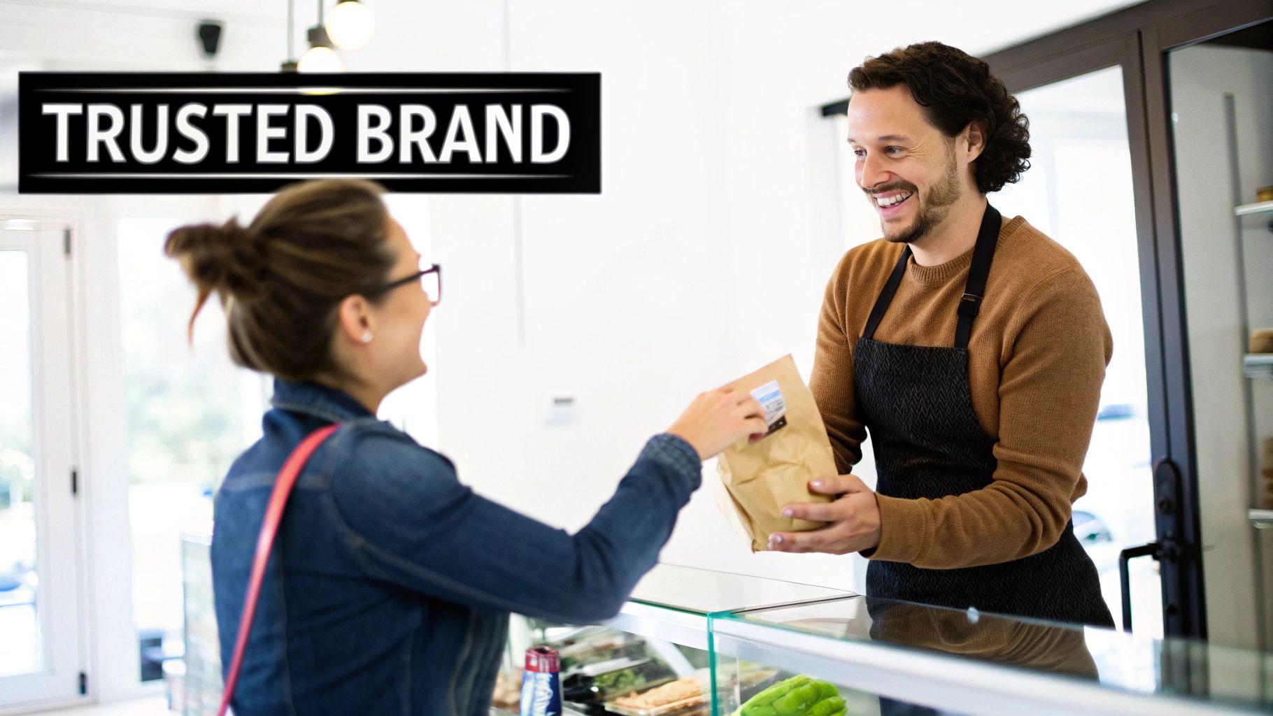 A smiling male barista hands a package to a female customer in a cafe with a 'TRUSTED BRAND' sign, symbolizing the brand trust, a key benefit of SEO for small businesses.