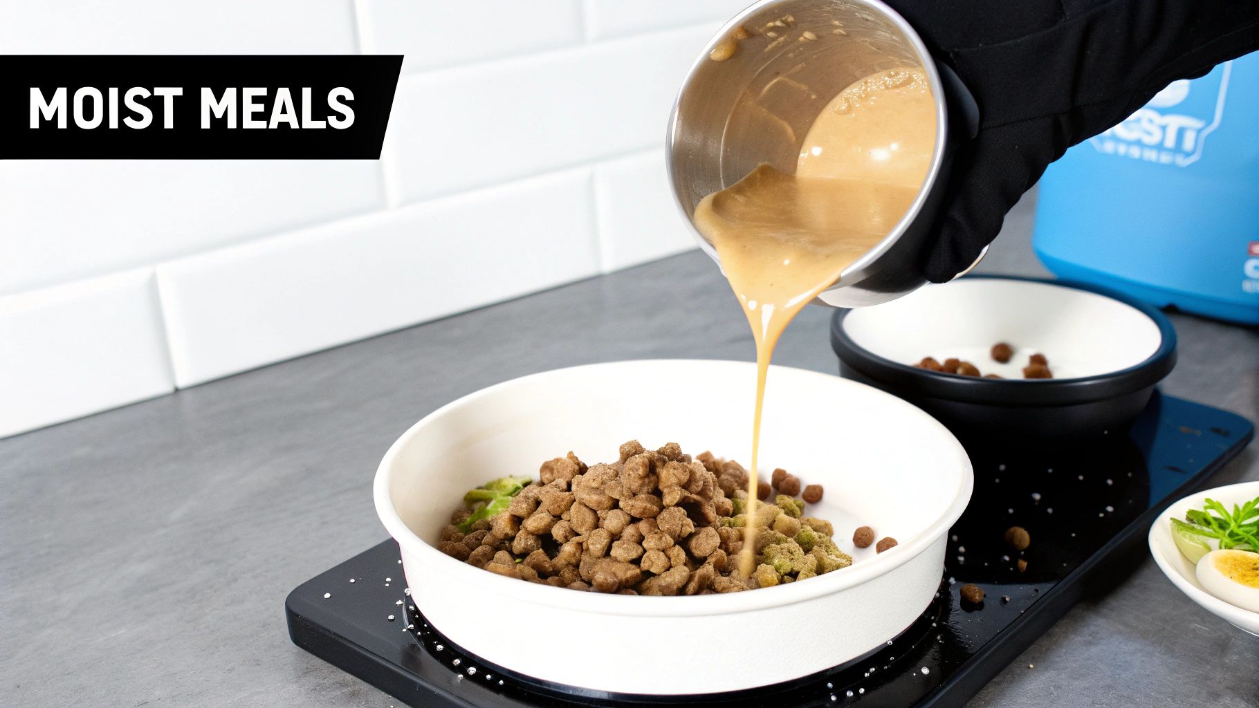 A gloved hand pours gravy from a metal cup onto dry pet food in a white bowl.