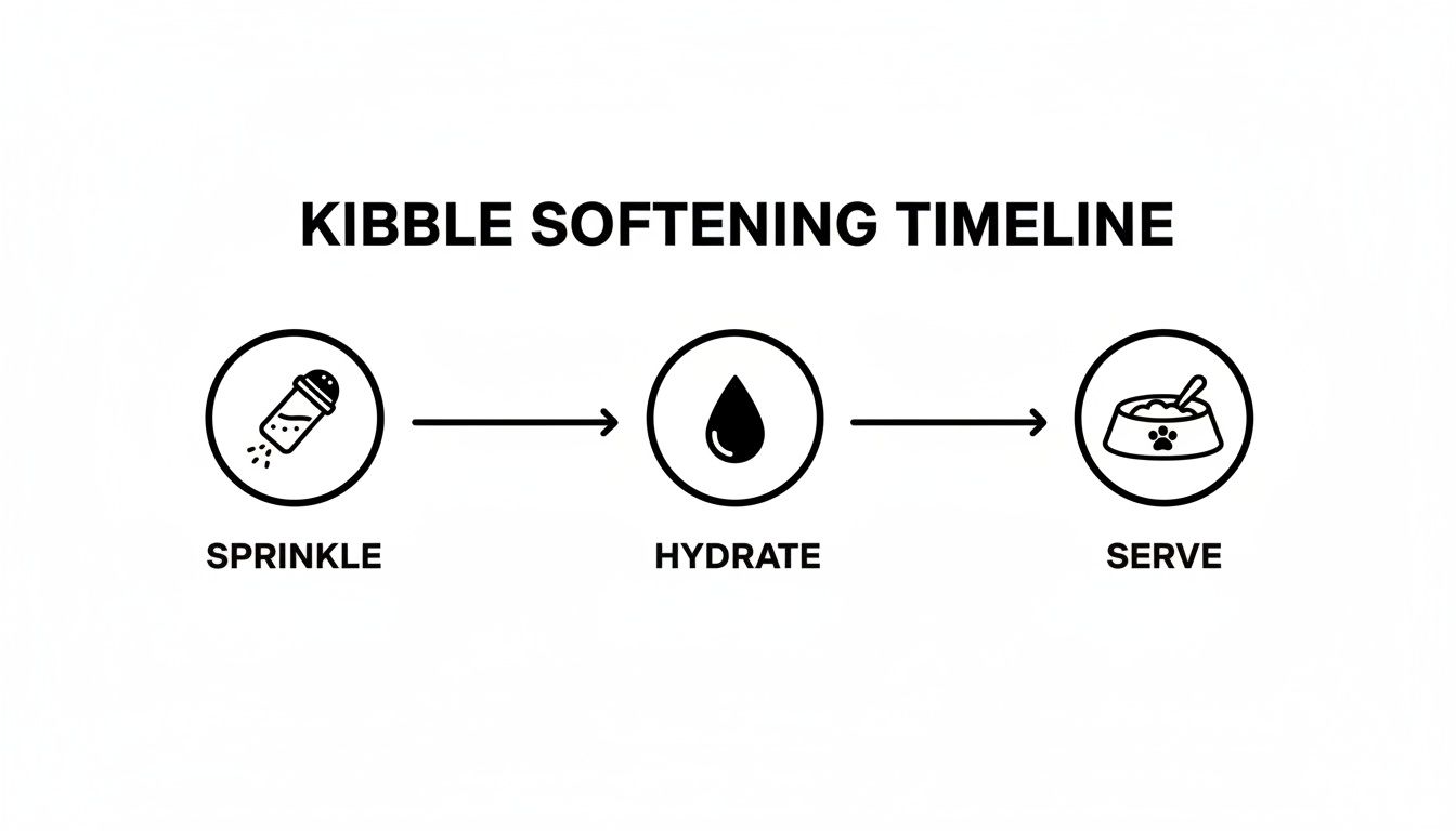 A visual timeline demonstrating three steps to soften kibble: sprinkle, hydrate, and serve in a dog bowl.
