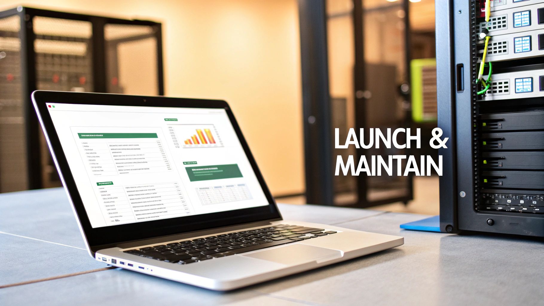 A laptop displaying data charts sits next to a server rack, highlighting the launch and maintenance stages of web development.