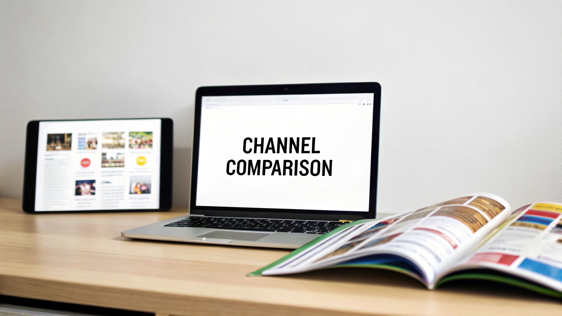 A laptop displaying 'CHANNEL COMPARISON' next to a tablet and an open magazine on a wooden desk, illustrating a digital vs traditional marketing channel analysis.