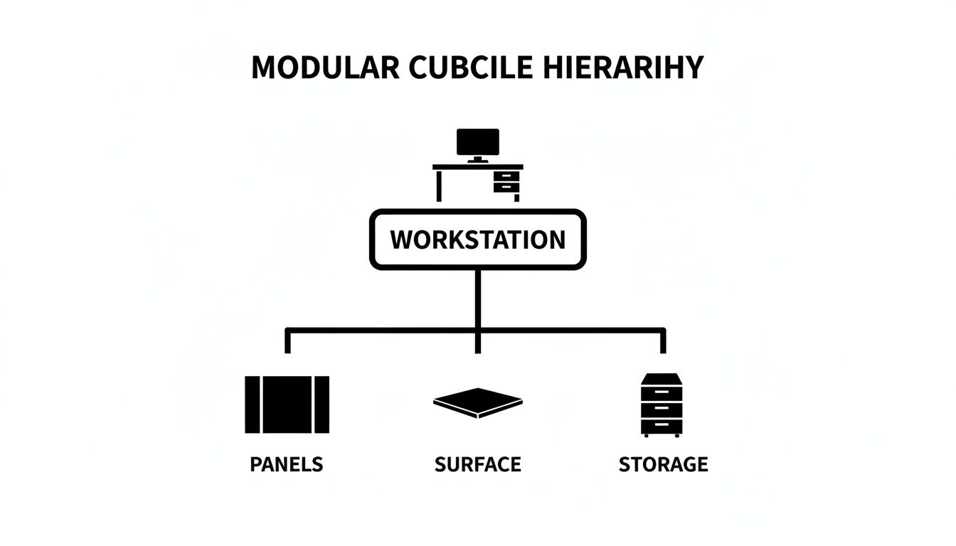 Hierarchy diagram illustrating a workstation made of modular panels, surface, and storage components.