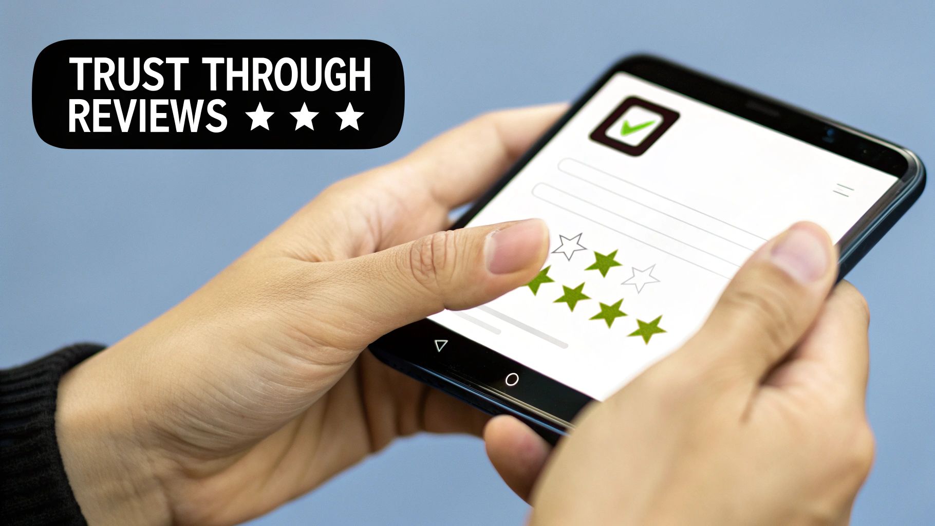 A customer leaving a five-star review on a smartphone for a local business to optimize google my business