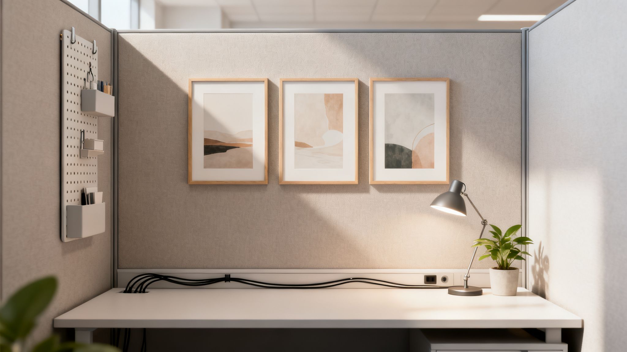 A well-organized modern office cubicle featuring a white desk, abstract art, pegboard, lamp, and a plant.