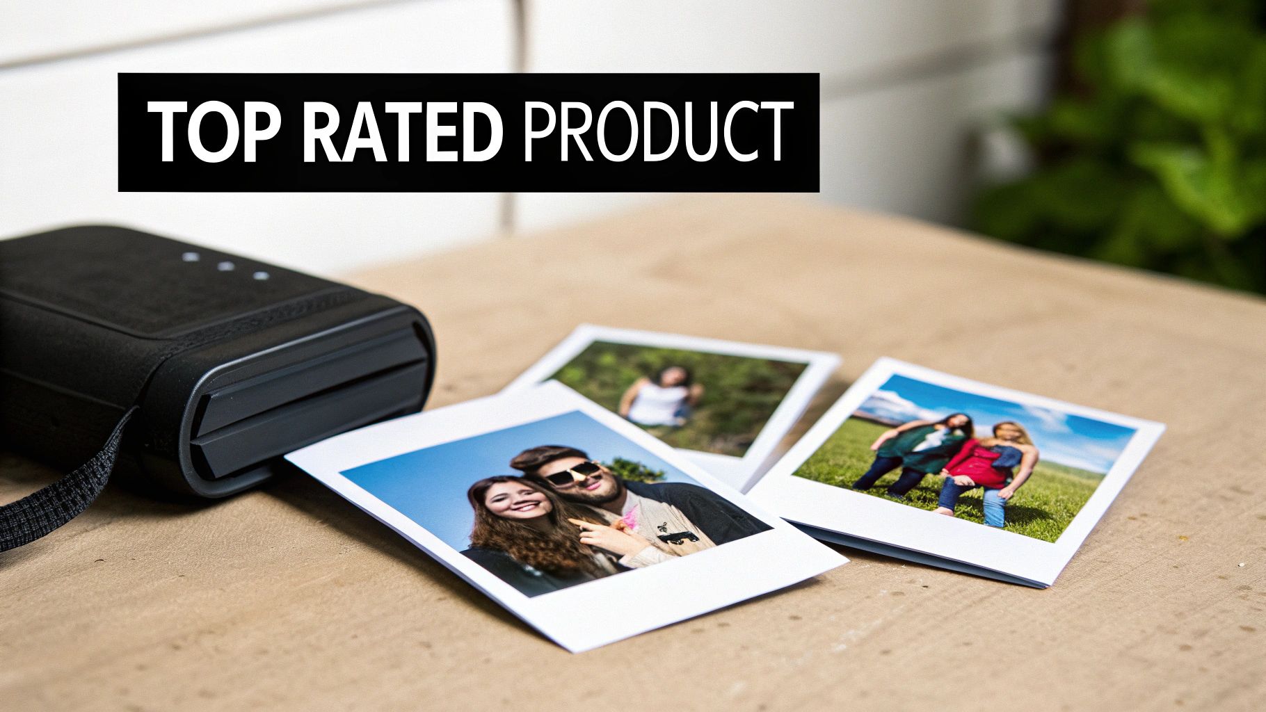 A portable photo printer printing instant photos, with a 'TOP RATED PRODUCT' banner, used as a social proof abandoned cart email example.
