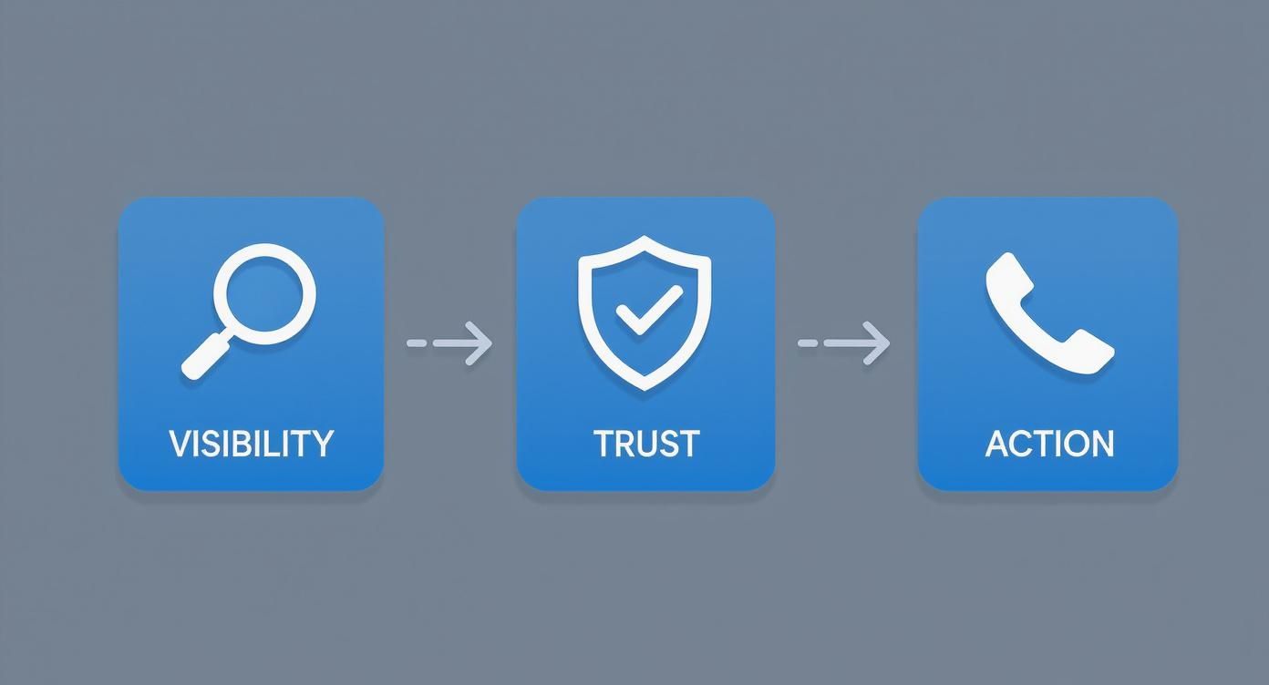 Infographic about local citation building services showing a process flow from visibility to trust to action for a local business.