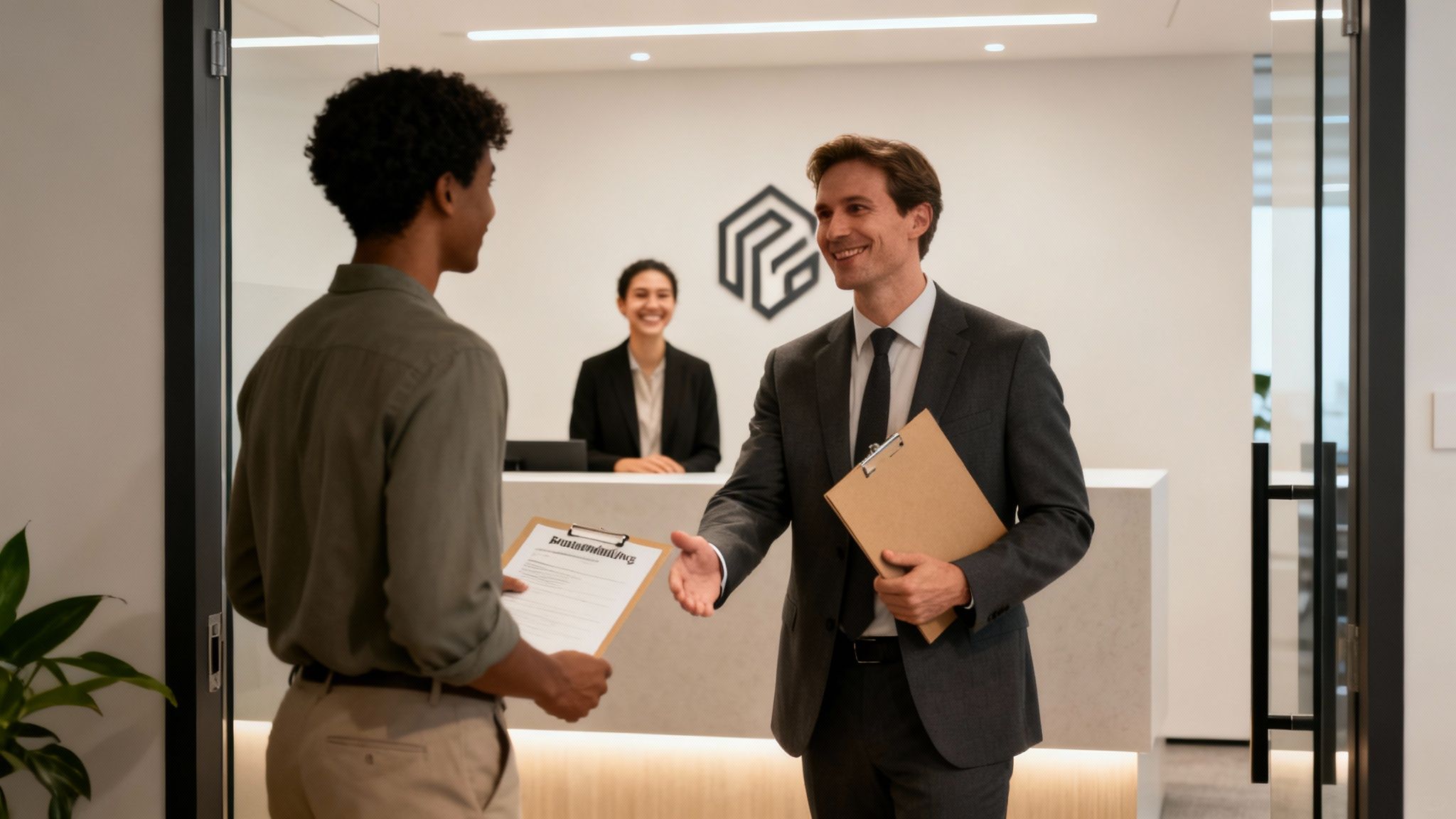 Two smiling businessmen shake hands in a modern office reception, symbolizing a professional welcome and successful hiring process.
