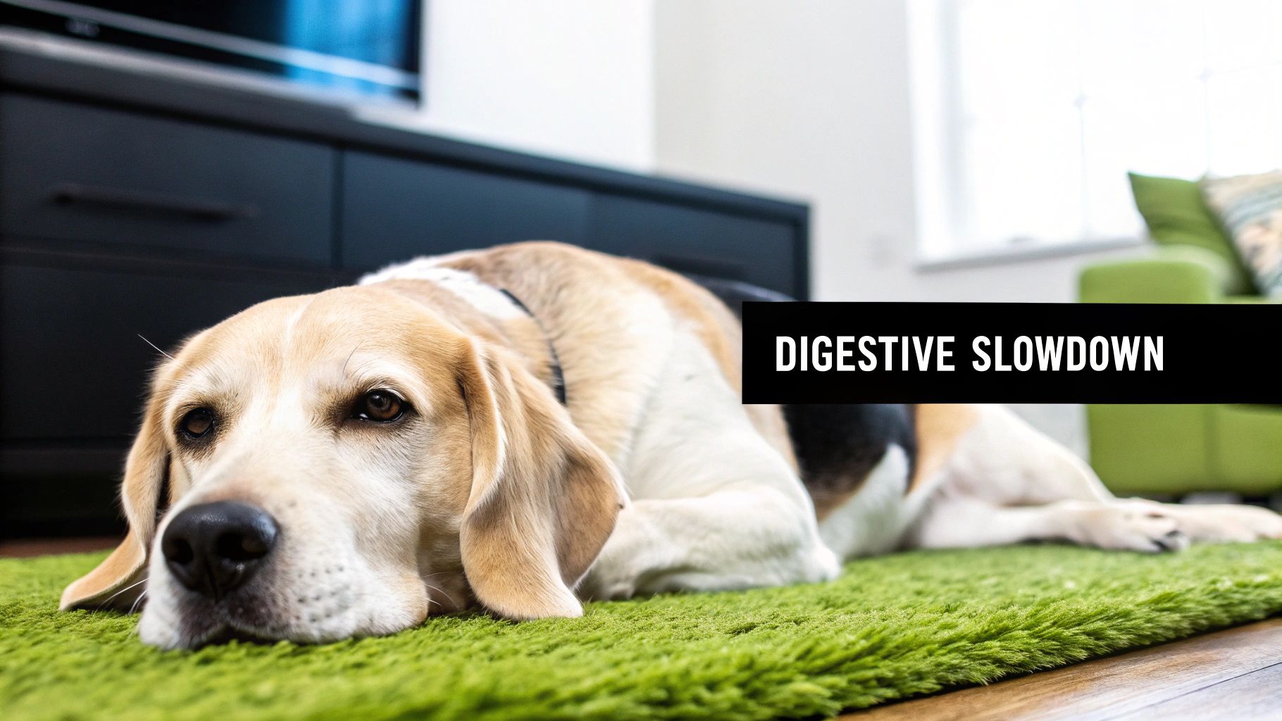 A beagle dog looking lethargic and resting on a green rug, with 'DIGESTIVE SLOWDOWN' text overlay.