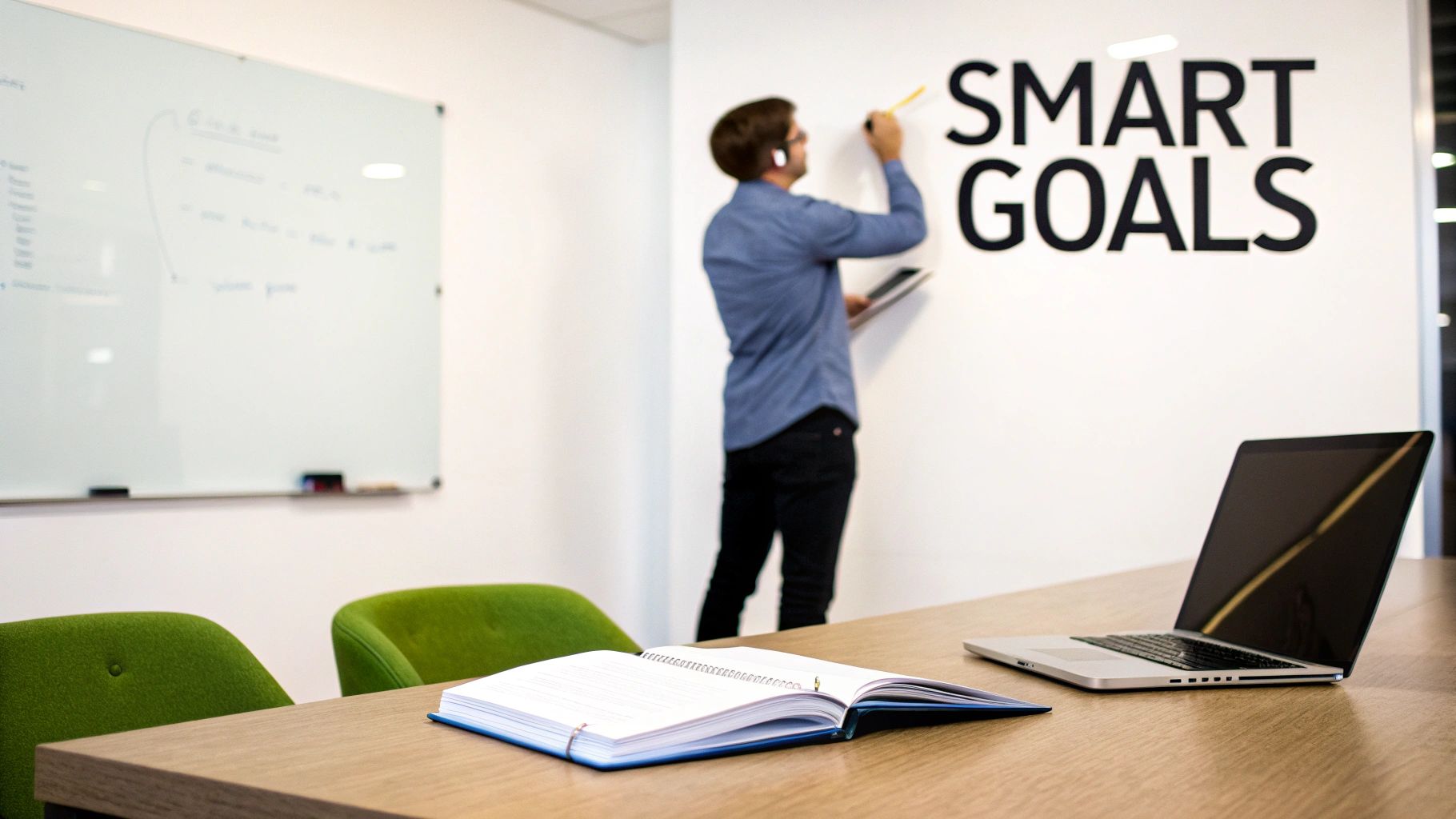 A man writing 'SMART GOALS' on an office wall for measuring marketing performance.