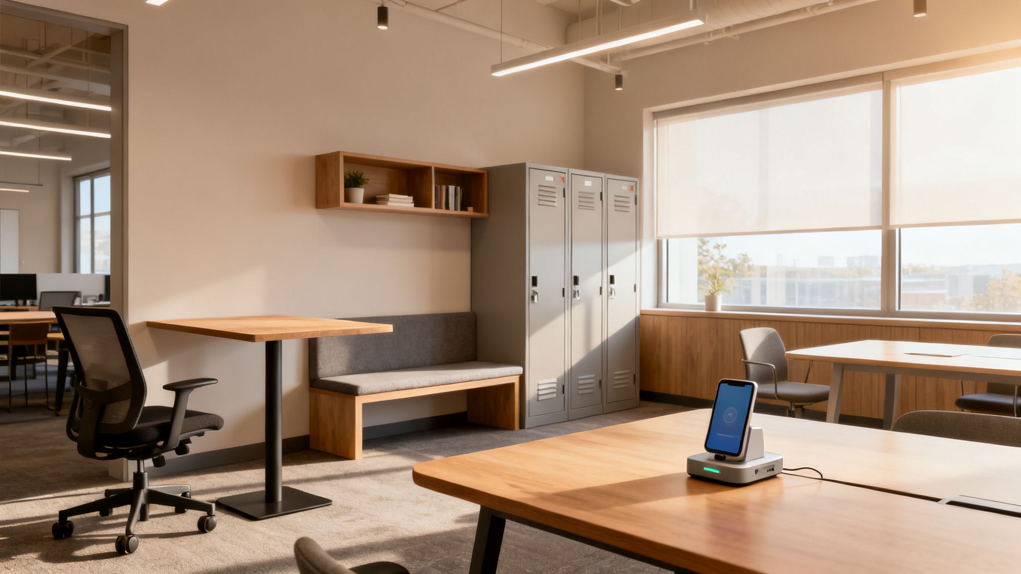 A modern hot-desking office with unassigned desks, ergonomic chairs, personal lockers, and charging stations.