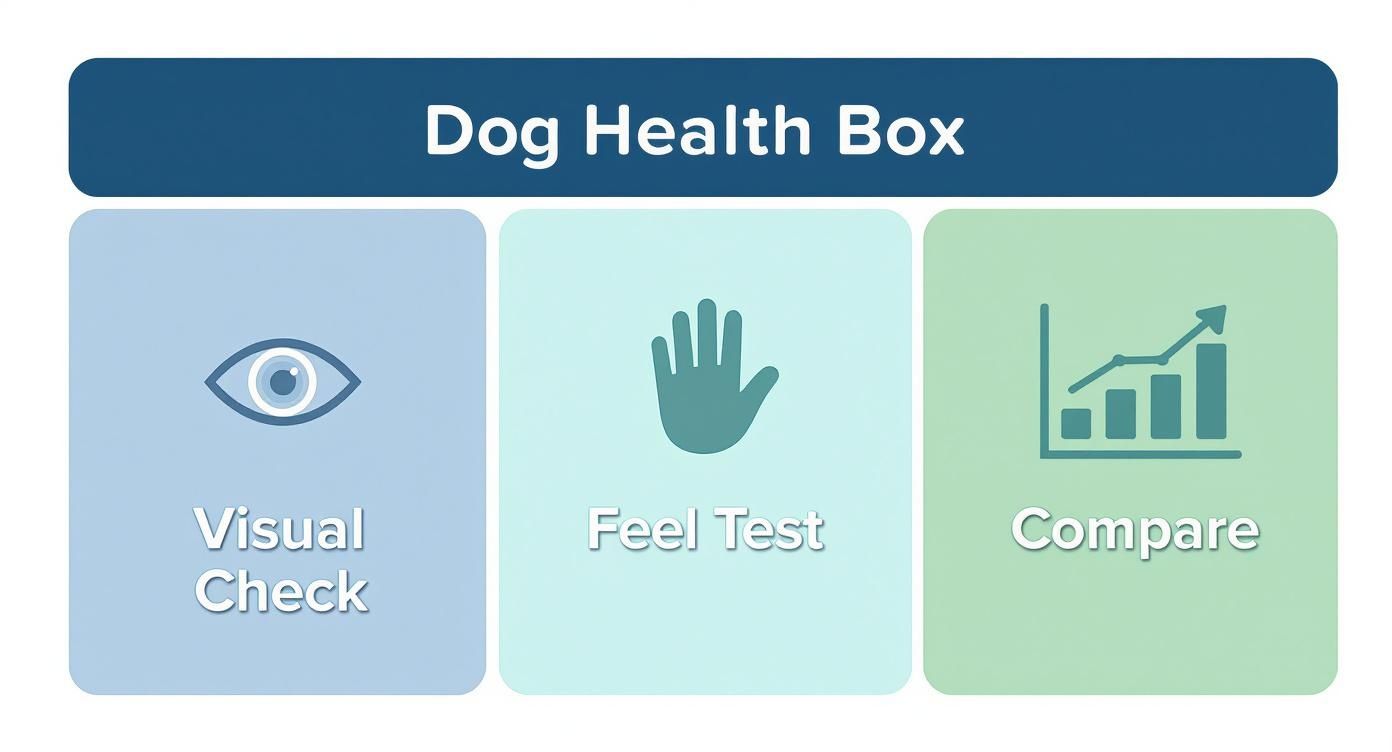 Infographic summarizing the visual check, feel test, and comparison method for assessing a dog's weight.