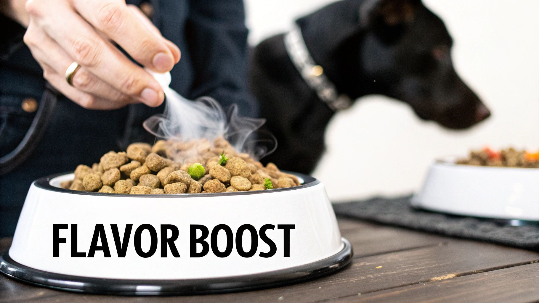 A hand adds a flavor boost to a steaming bowl of dog kibble, with a dog watching.