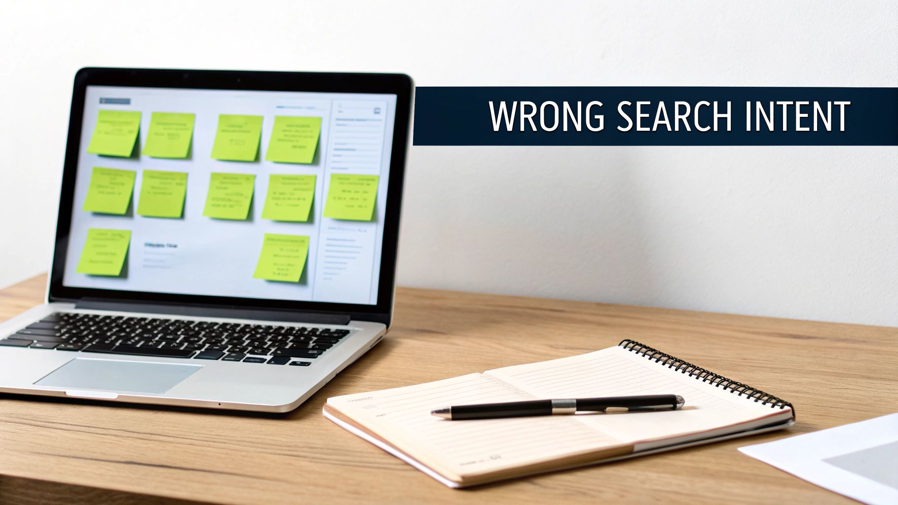 A laptop screen showing yellow sticky notes, a notebook, and pen on a desk with 'Wrong Search Intent' text, a common SEO mistake to avoid.