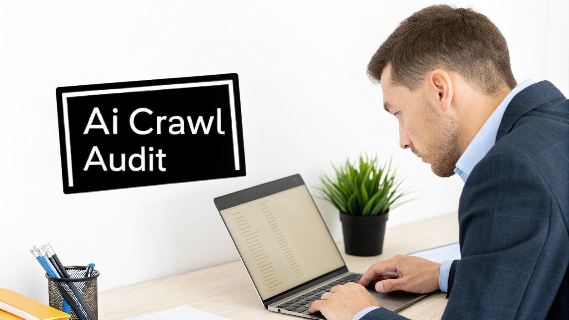 A businessman typing on a laptop with an 'AI Crawl Audit' sign on the wall, auditing a site for ai agent crawlability.