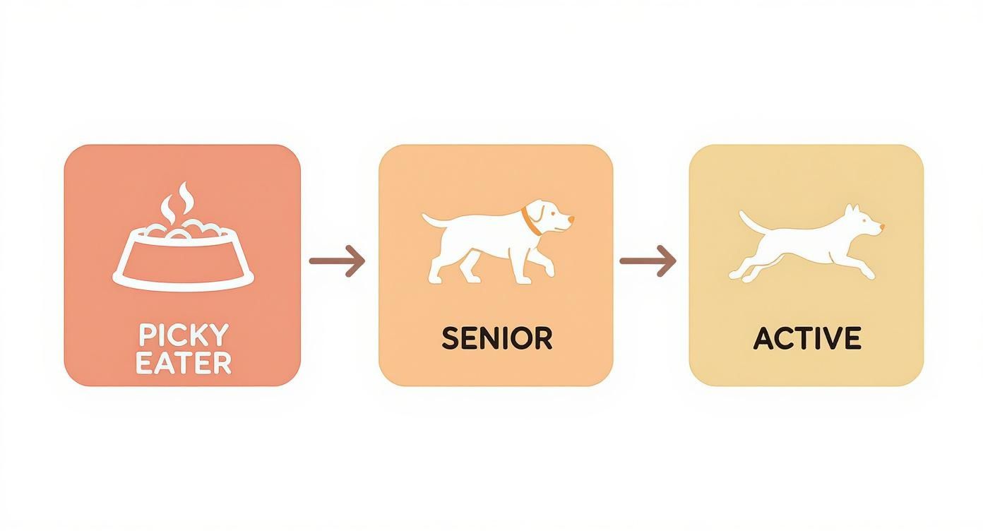 Infographic showing a three-step process for how grass fed beef toppers benefit picky eaters, senior dogs, and active dogs.