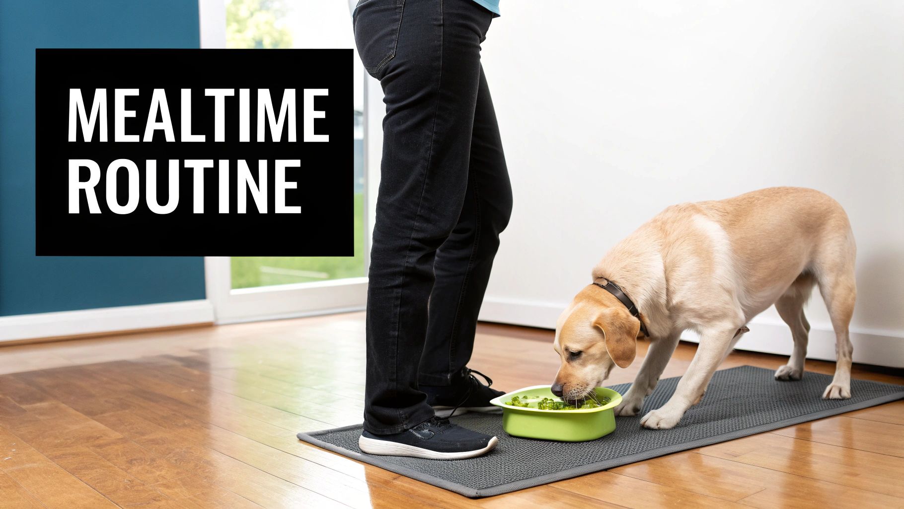A person sprinkling a food topper over a bowl of dog kibble to make it more appealing.