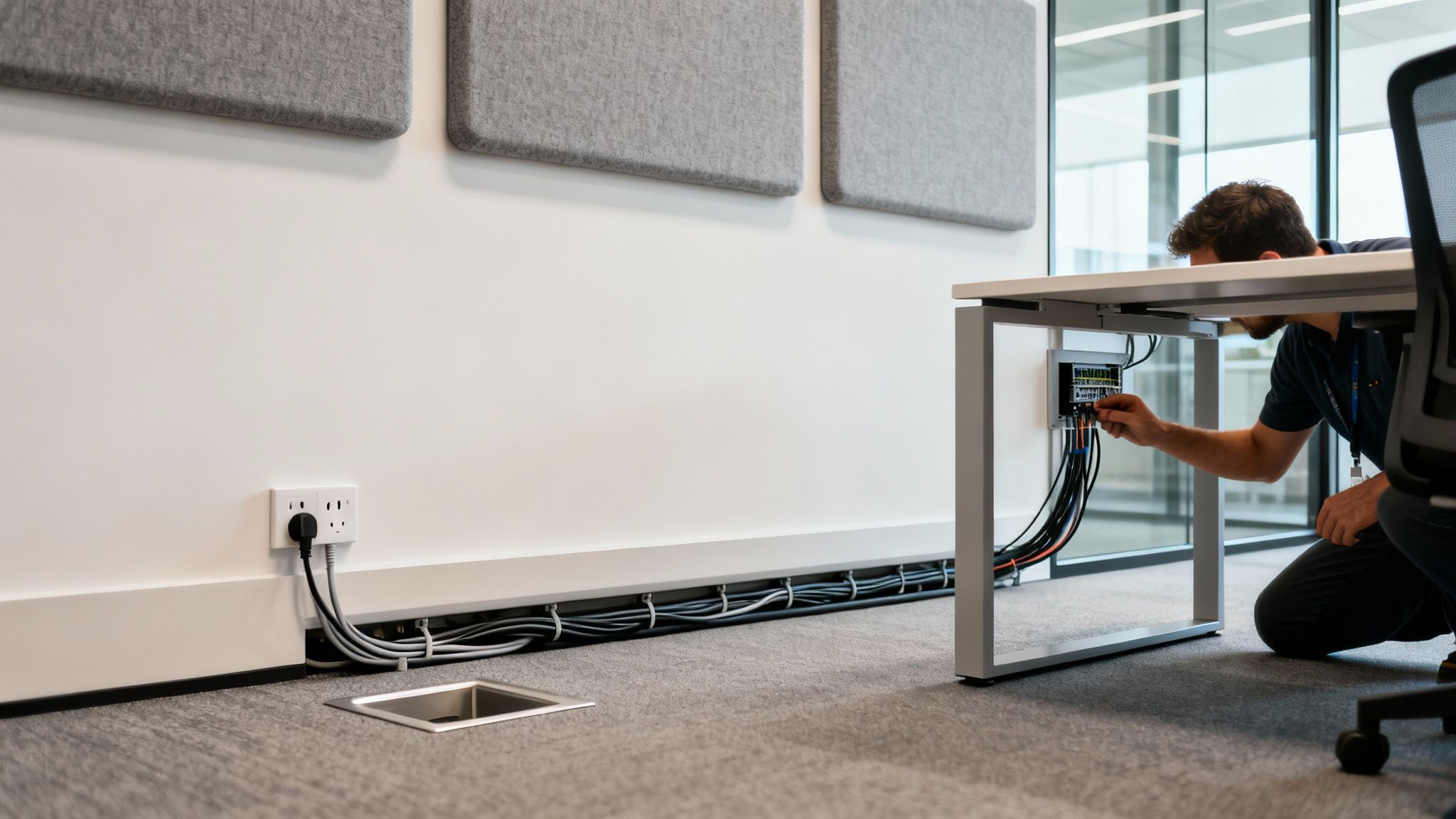 A technician connects network and power cables to an outlet beneath a modern office desk with gray acoustic panels.