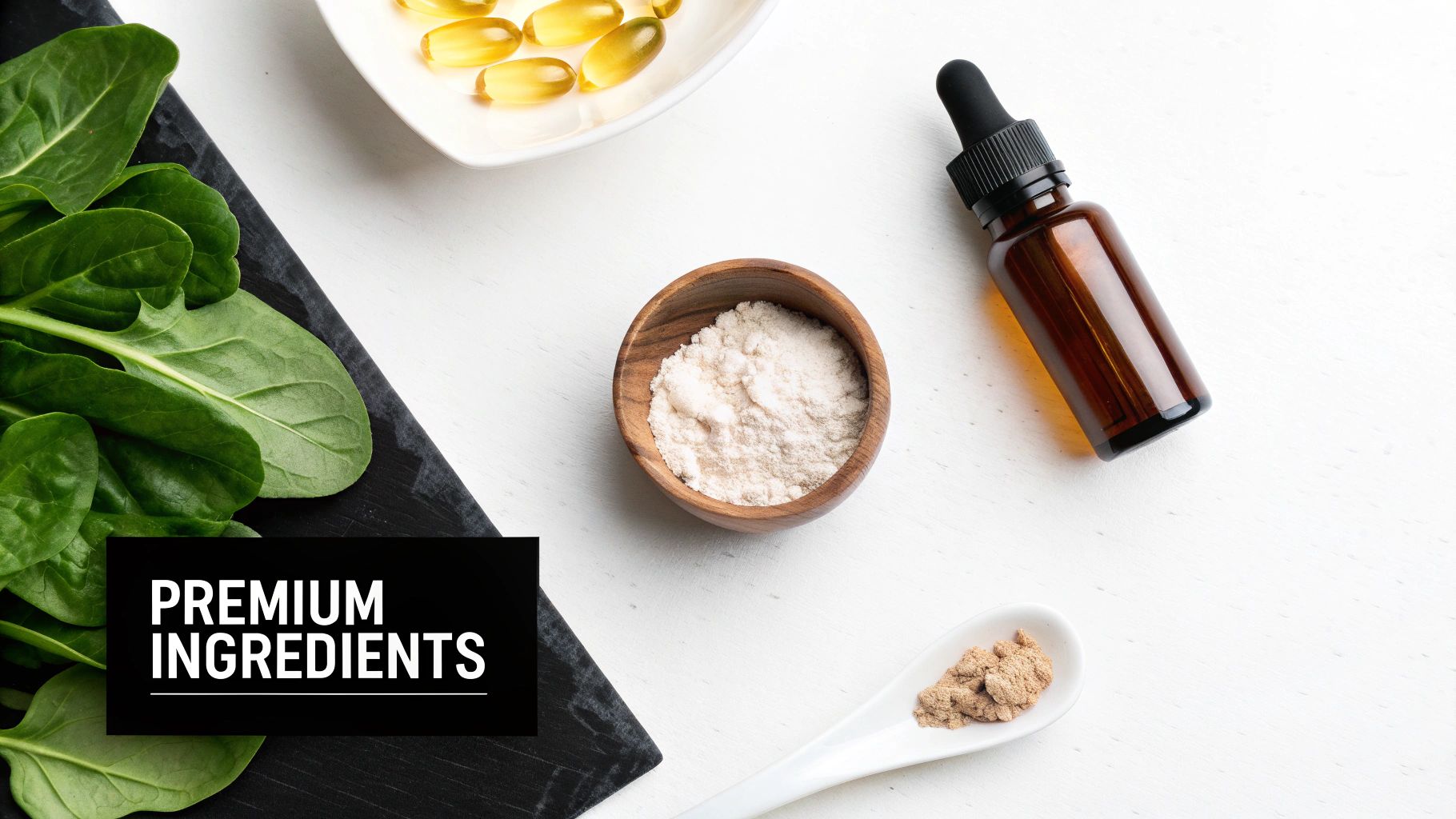 A flat lay of various premium ingredients including spinach, softgel capsules, powders, and a dropper bottle, representing high-quality topper components.