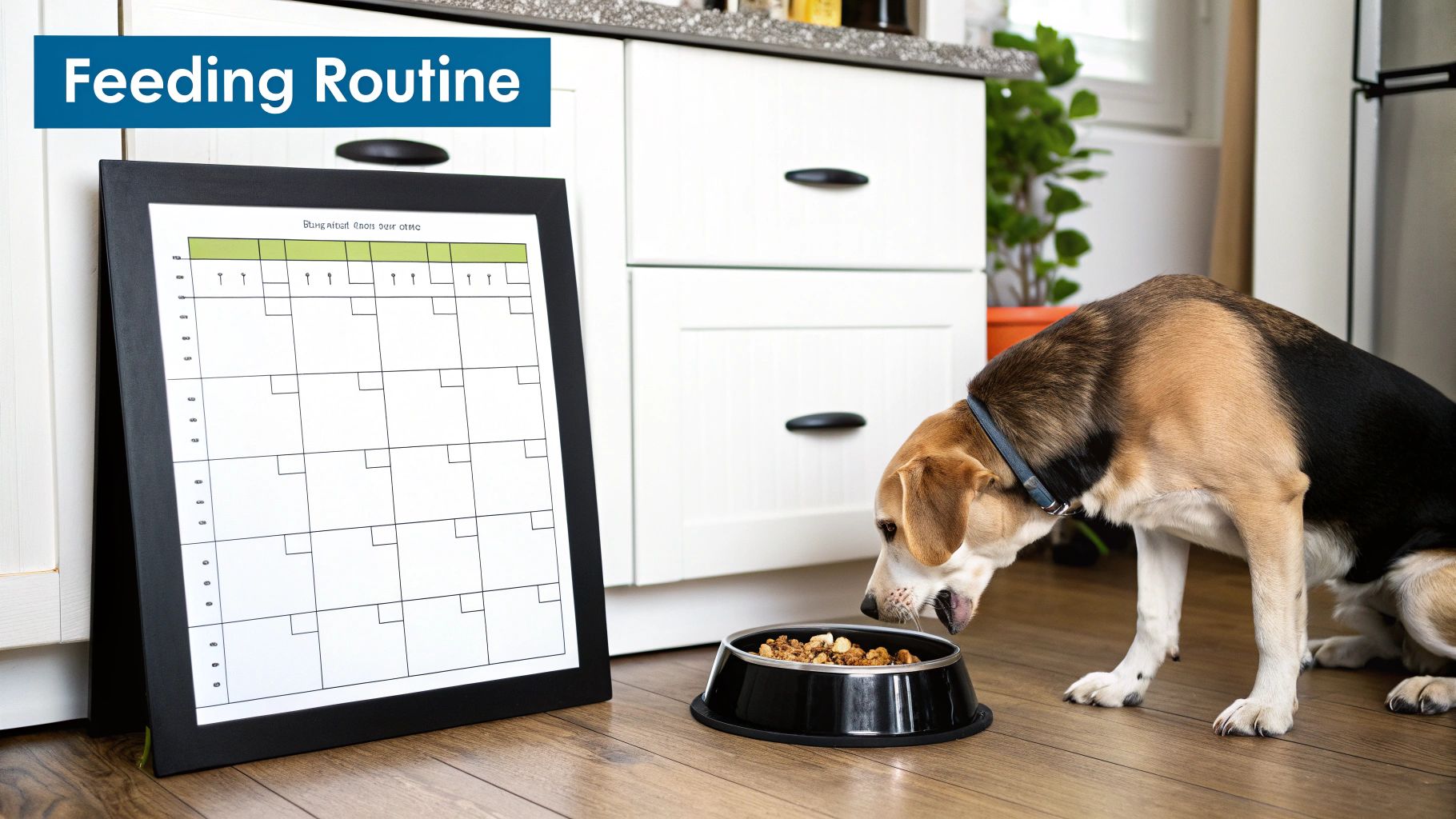 A person setting down a dog's food bowl in a clean, calm kitchen setting.