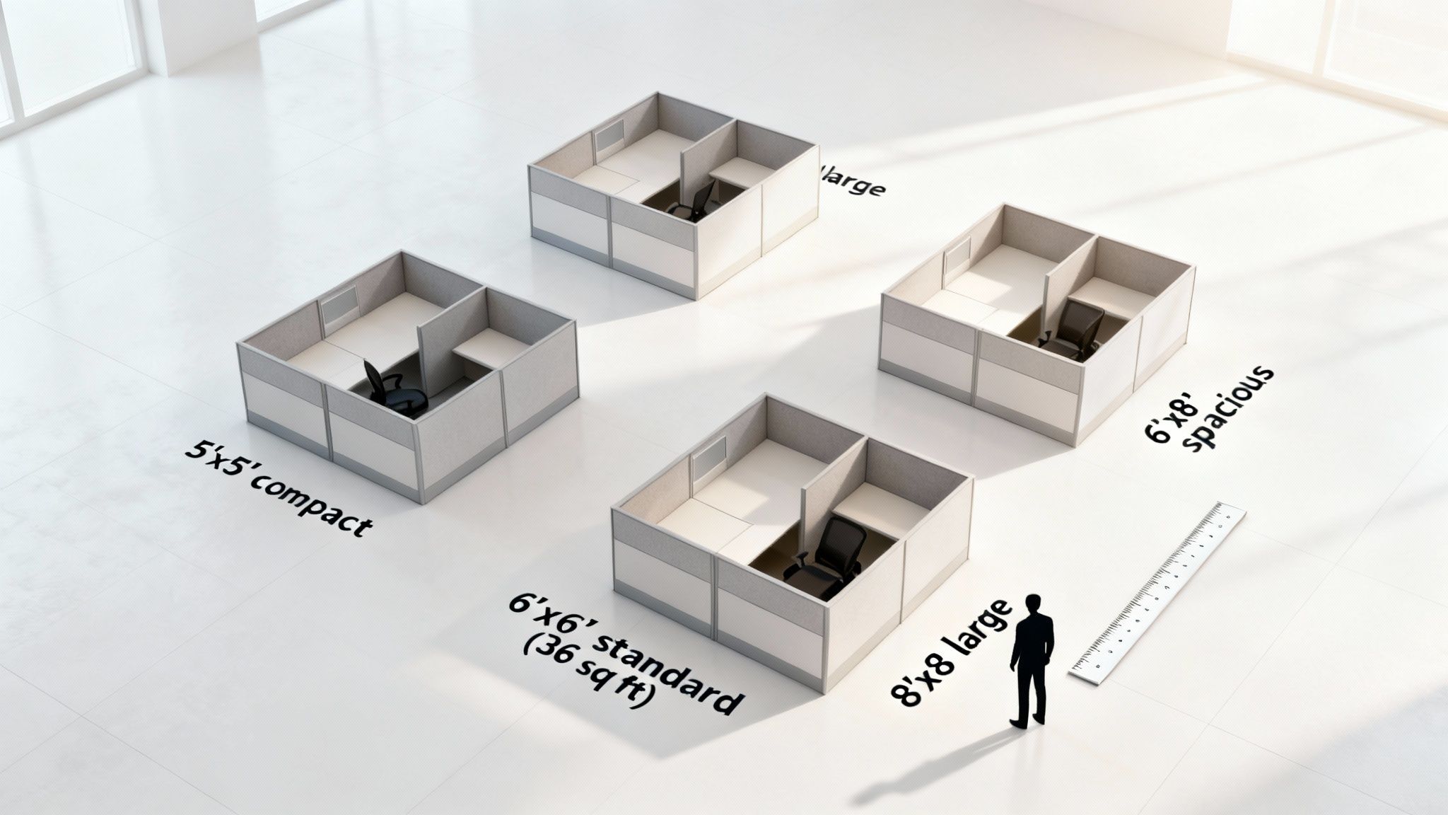 Comparison of four typical office cubicle dimensions: compact, standard, spacious, and large, with a person for scale.