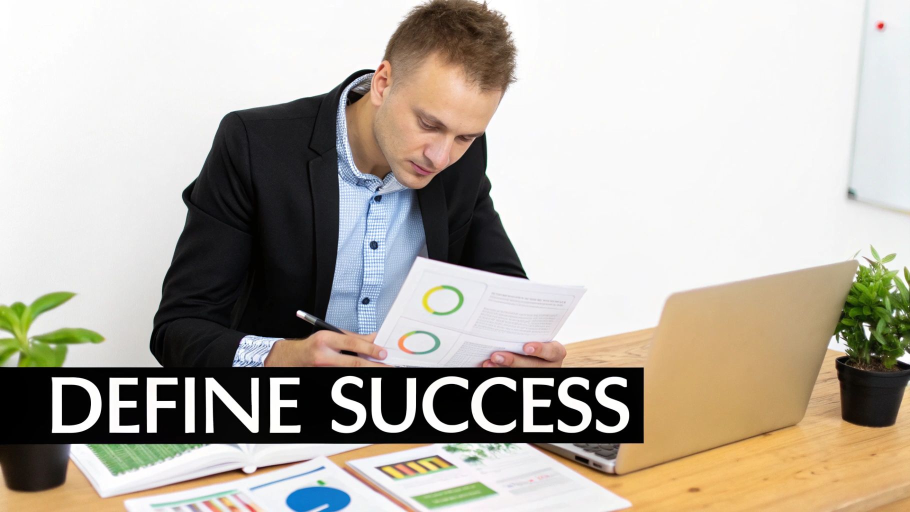 A man in a suit jacket reviewing business documents with charts at a wooden desk, an important step in how to choose an seo company.