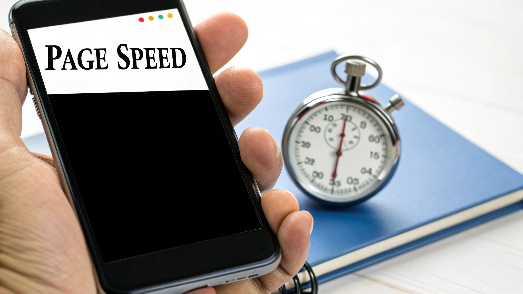 A graphic illustrating page load speed for conversion rate optimization, showing a fast-loading website on a laptop.