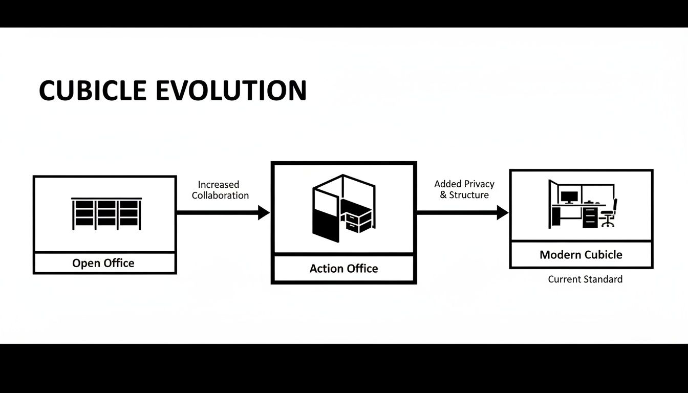 Diagram illustrating the evolution of office spaces from open-plan to modern cubicles, showcasing privacy improvements.