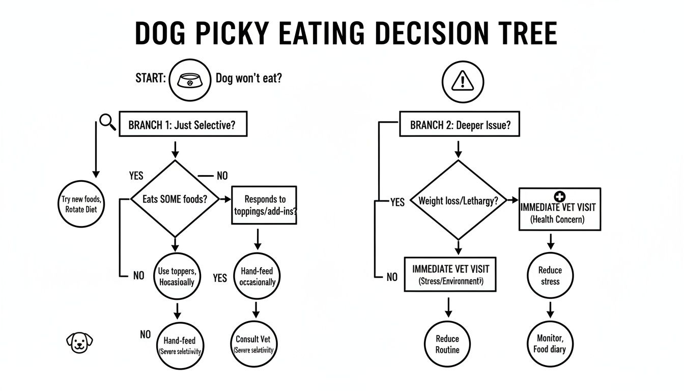 Flowchart explaining a dog picky eating decision tree, with paths for selective eating versus deeper health issues.