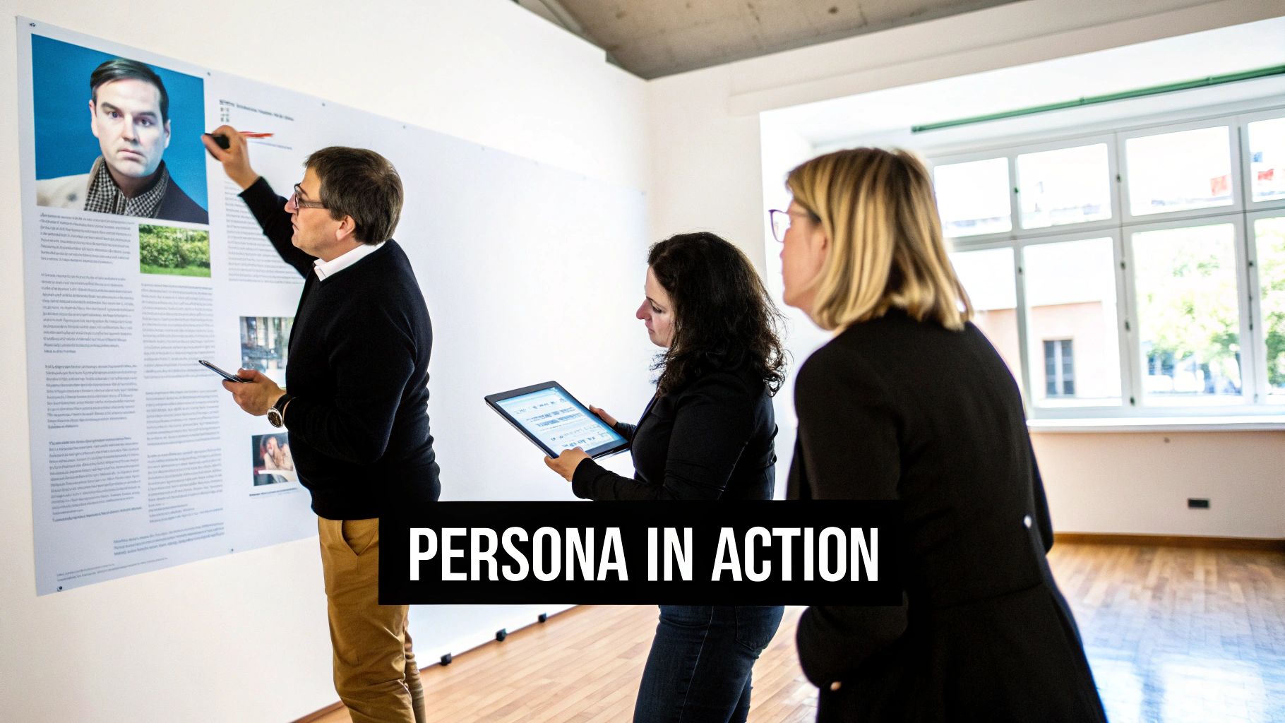 A team using sticky notes to integrate insights, a key part of how to create buyer personas.