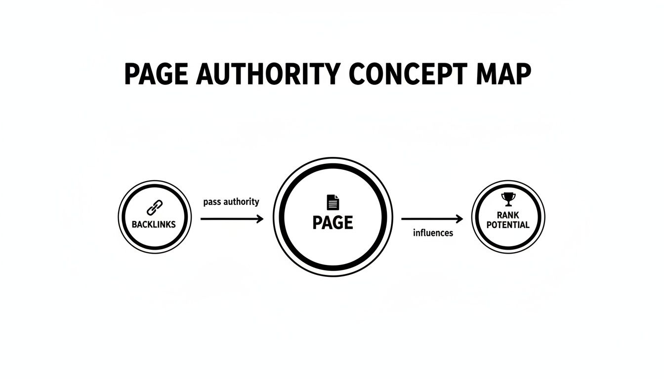 A concept map illustrating how backlinks pass authority to a page, influencing its rank potential and Page Authority.