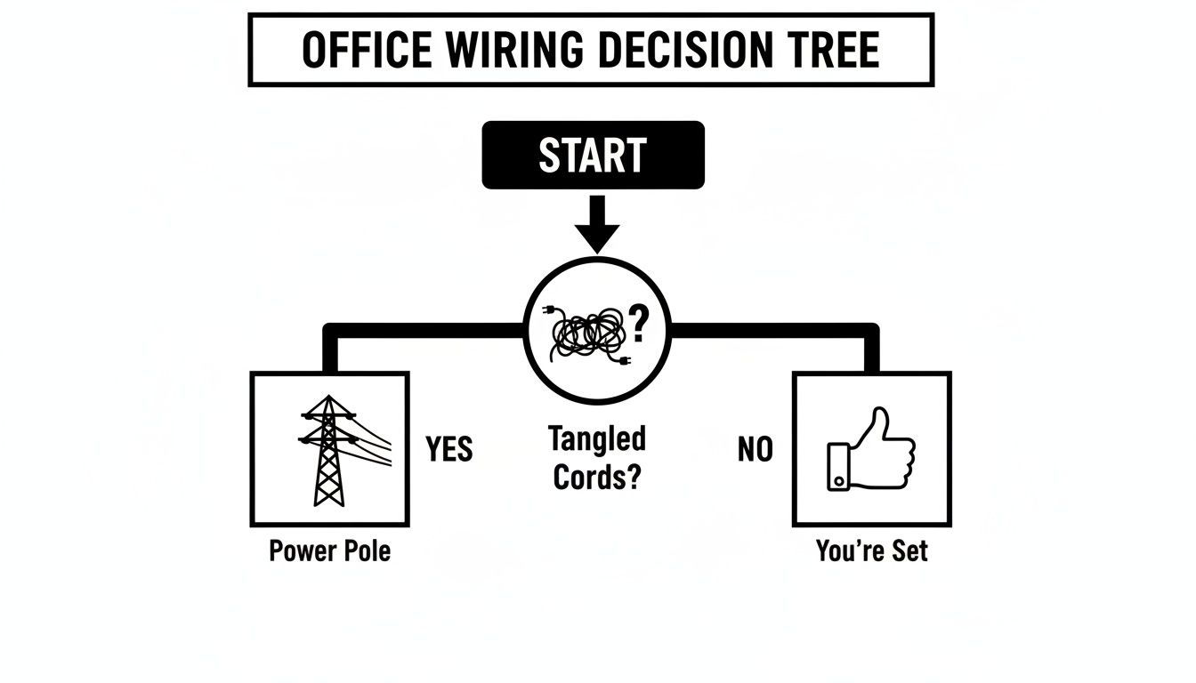 A decision tree diagram for office wiring, asking if cords are tangled. Yes leads to a power pole, no means you're set.