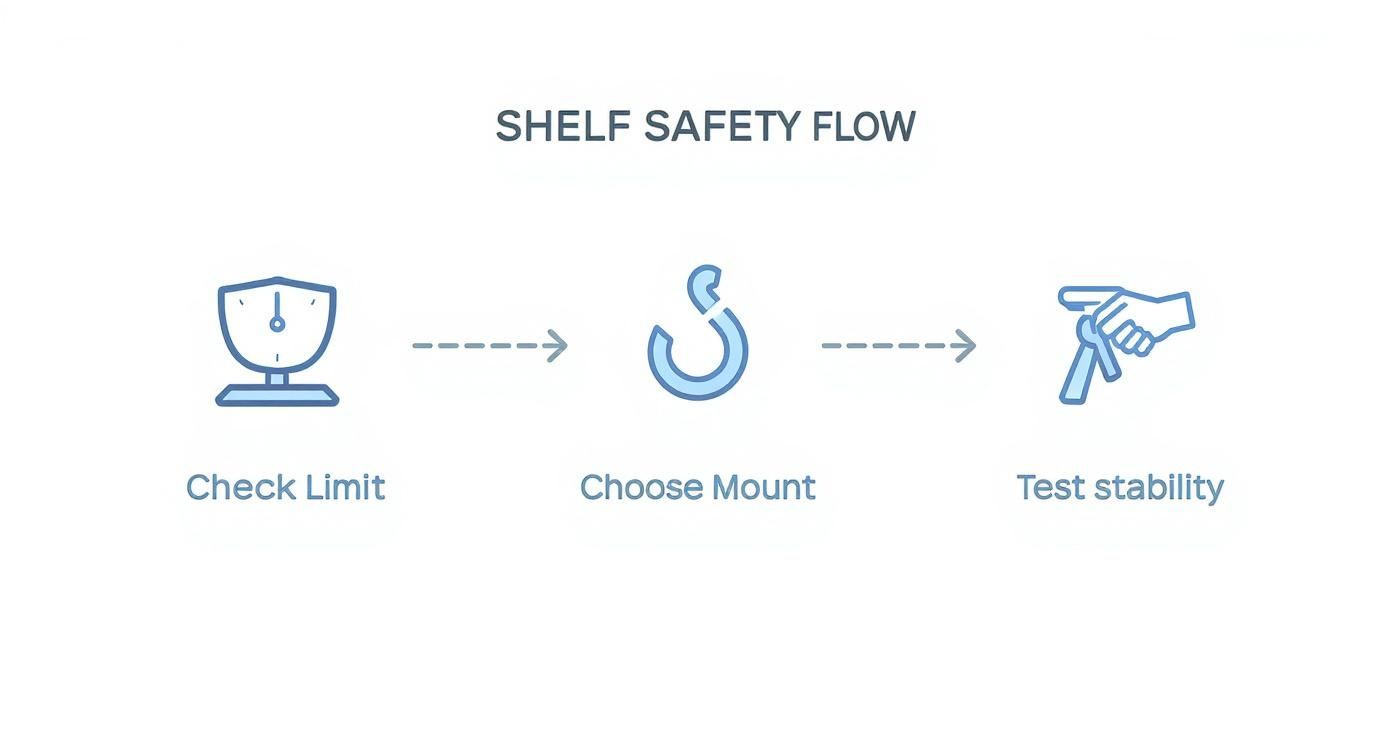 Infographic detailing how to safely install cubicle hanging shelves, with icons for checking weight limit, using the right mount, and testing stability.