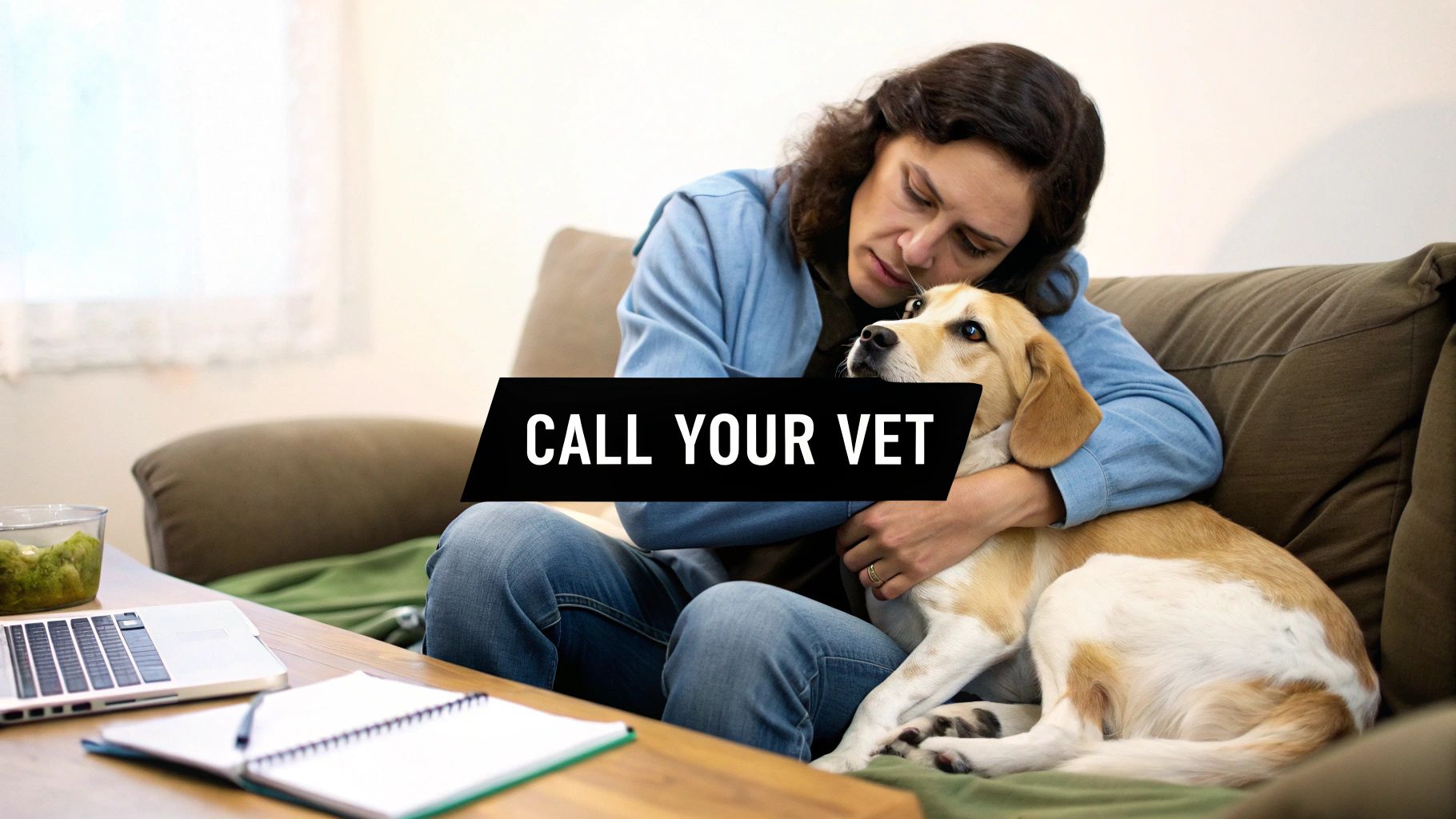 A worried woman cuddles her dog on a sofa while looking at a laptop, with text overlay reading "CALL YOUR VET".