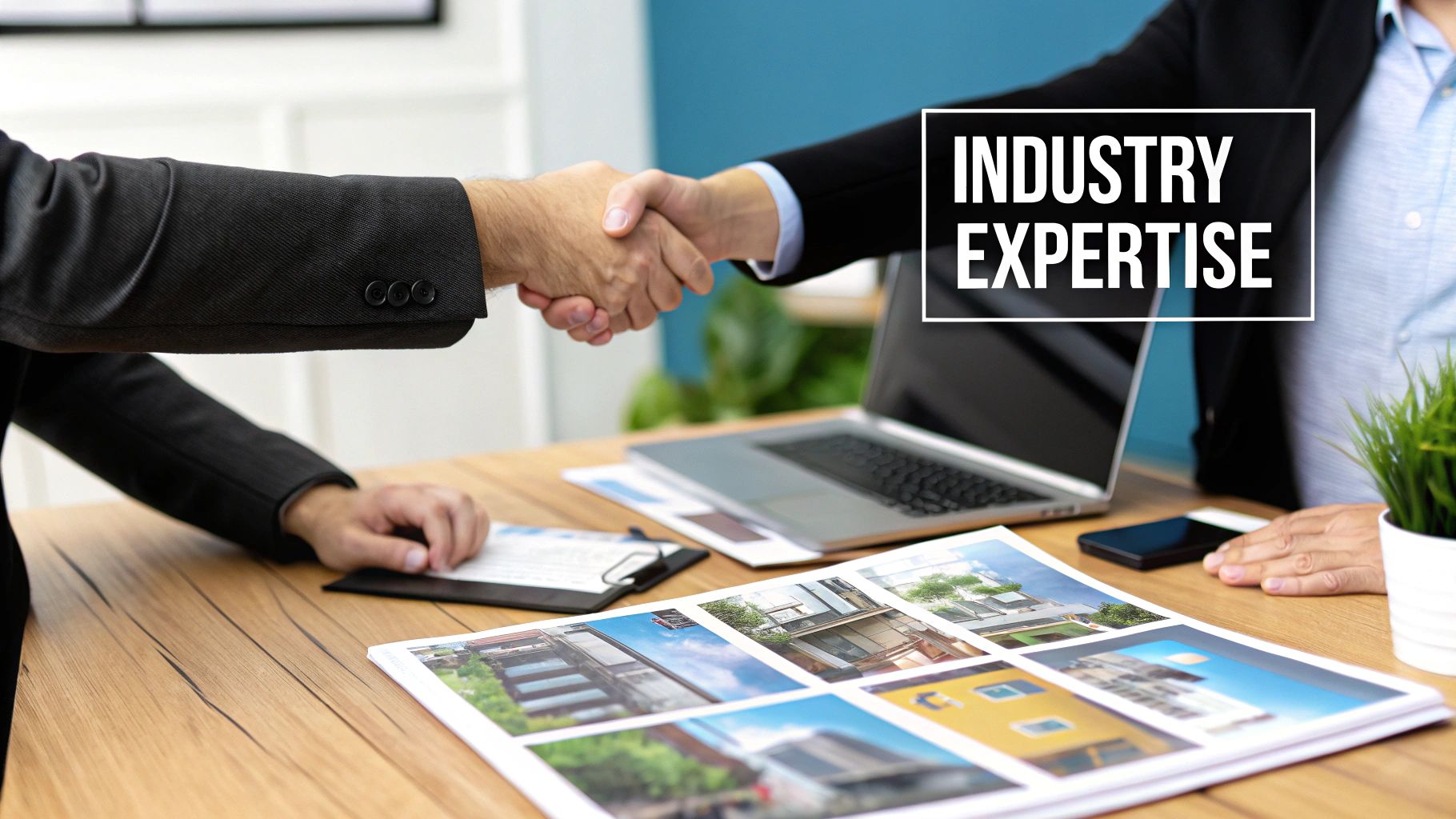 Two business people shaking hands, illustrating how to choose an seo company for a successful partnership.