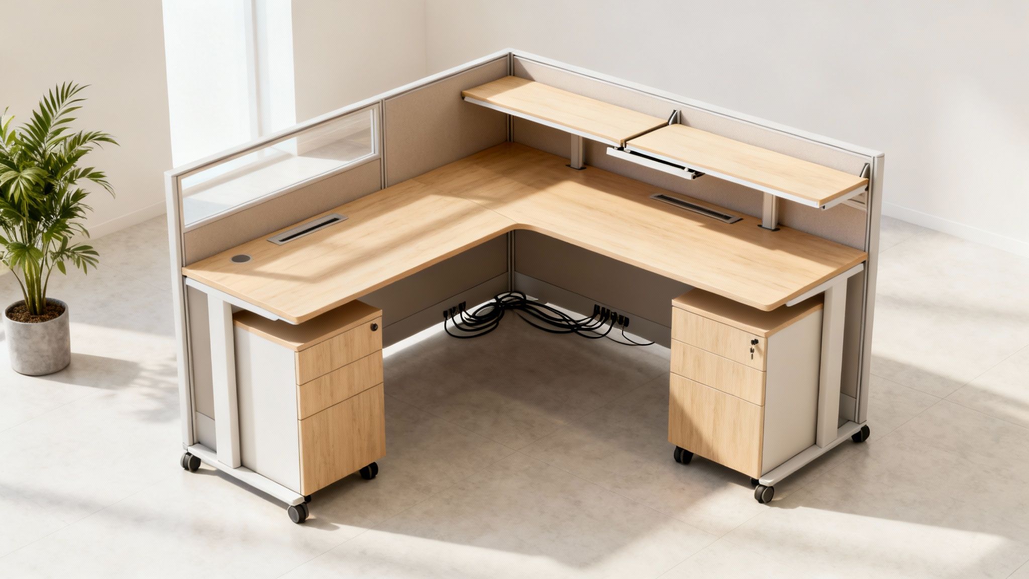 A bright, modern L-shaped office cubicle with light wood desk and mobile cabinets, a key piece of modular office furniture for small spaces.