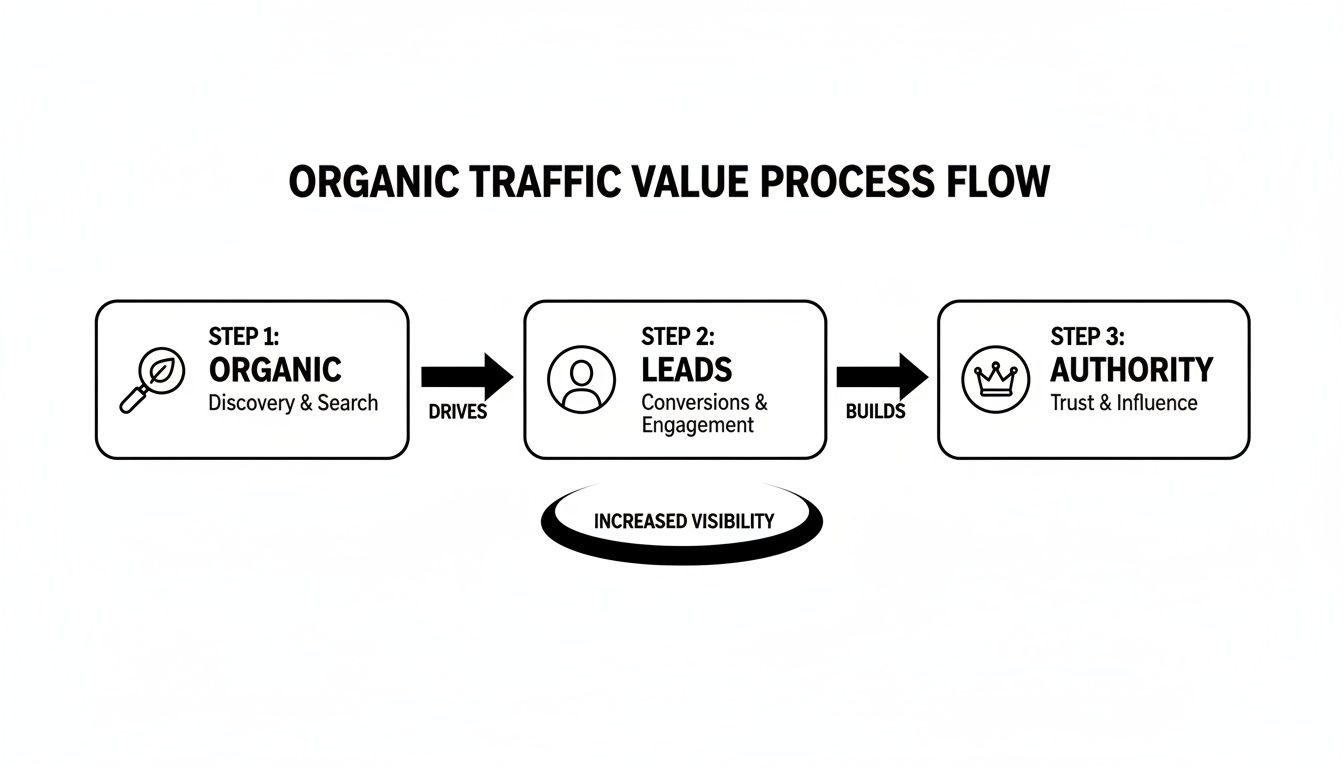 Diagram illustrating how to get organic traffic through a process flow of organic discovery, leads, and authority.