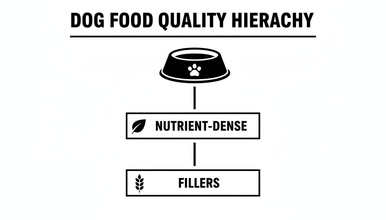 A black and white diagram illustrates the dog food quality hierarchy, distinguishing nutrient-dense food from fillers.
