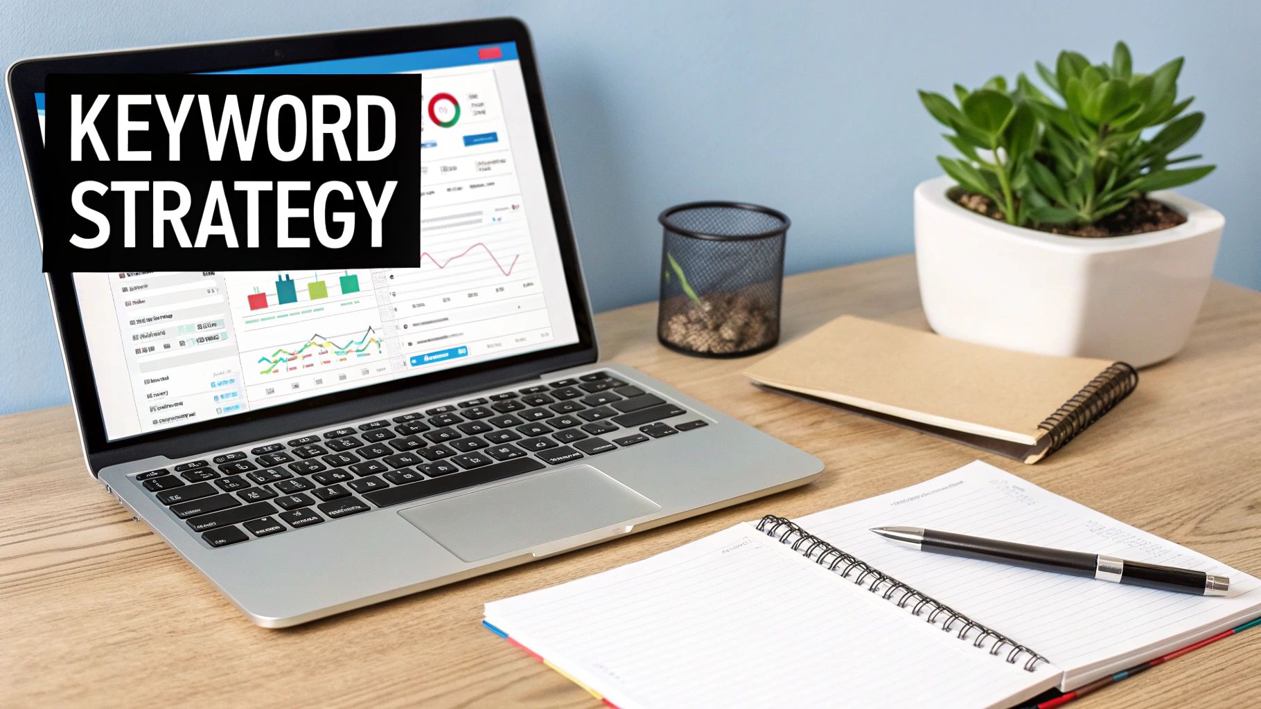 A person writing an SEO friendly blog post at a desk with a laptop and a notebook.