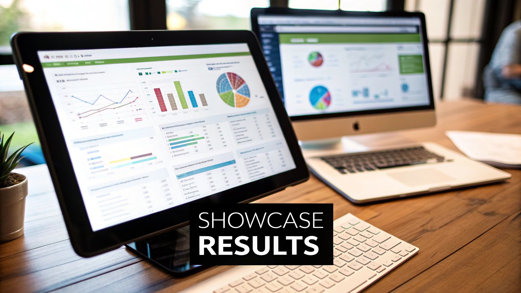 A tablet and a desktop computer displaying multiple business dashboards with various charts and graphs, showing proof of work through analytics.