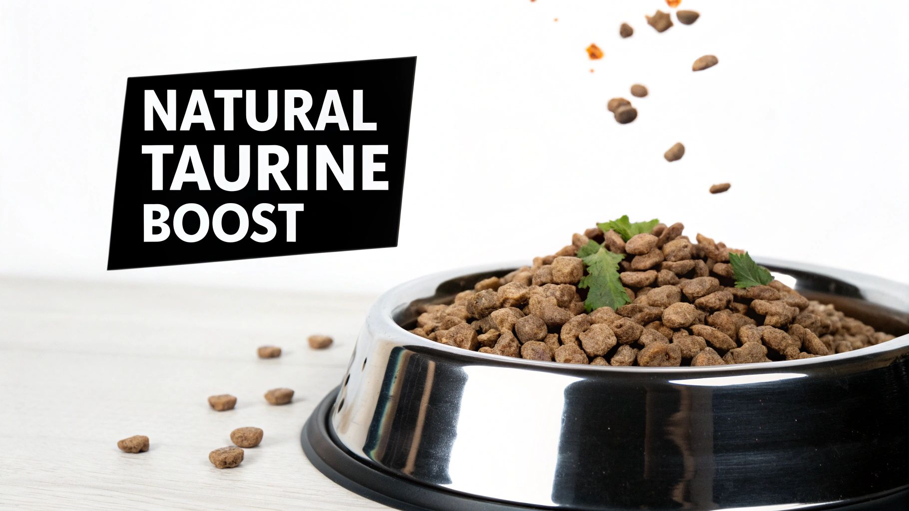 A metal dog bowl overflowing with dry kibble, displaying a 'NATURAL TAURINE BOOST' message.