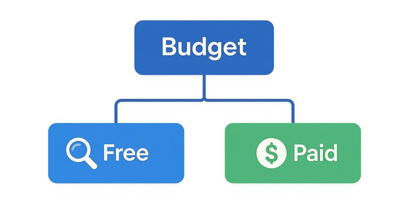 Infographic decision tree for choosing between free and paid social listening tools for reputation management on social media.