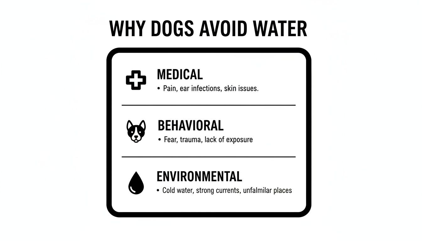 A dog smelling a clear glass bowl of water with a hesitant expression.