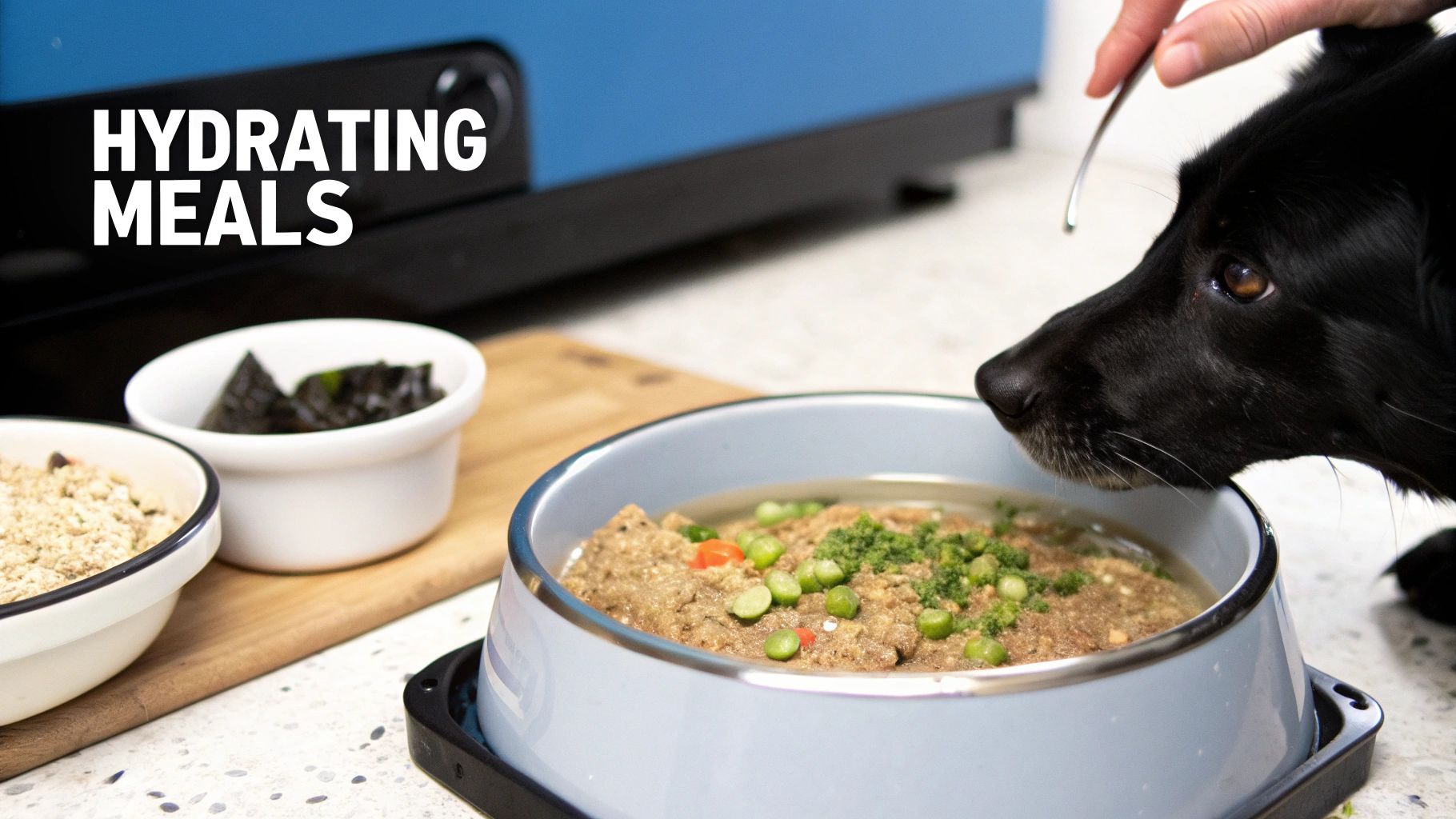 A black dog is presented with a light blue bowl of hydrating wet dog food, topped with peas.