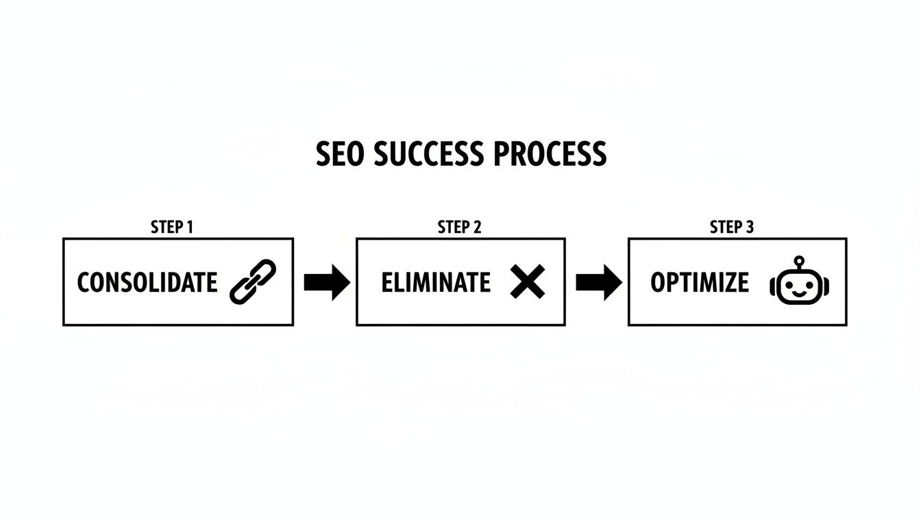 Flowchart illustrating the SEO success process with steps: consolidate, eliminate, and optimize.