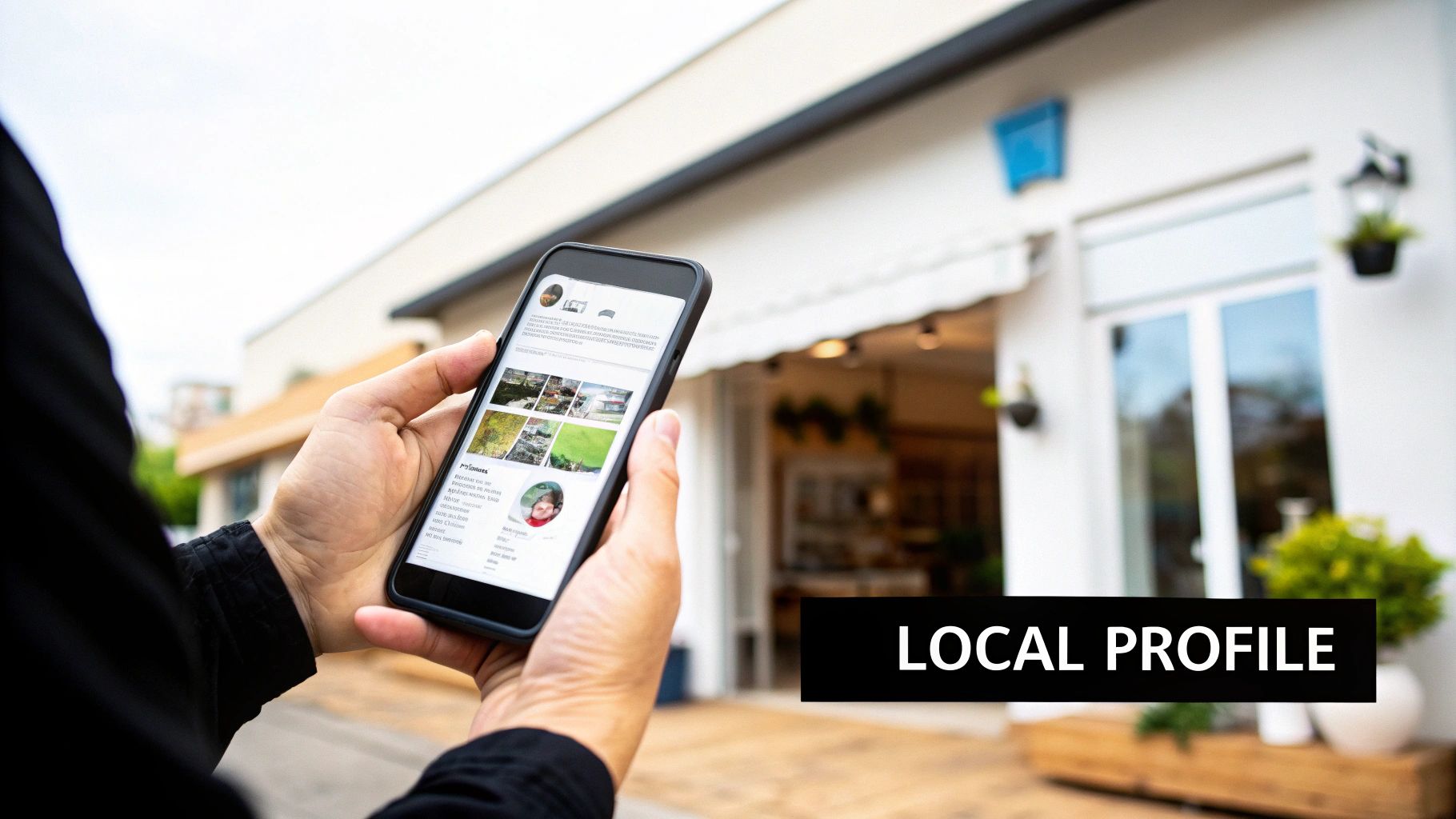 A smartphone displaying a Google Business Profile for a local business, showcasing optimization for 'near me' queries.