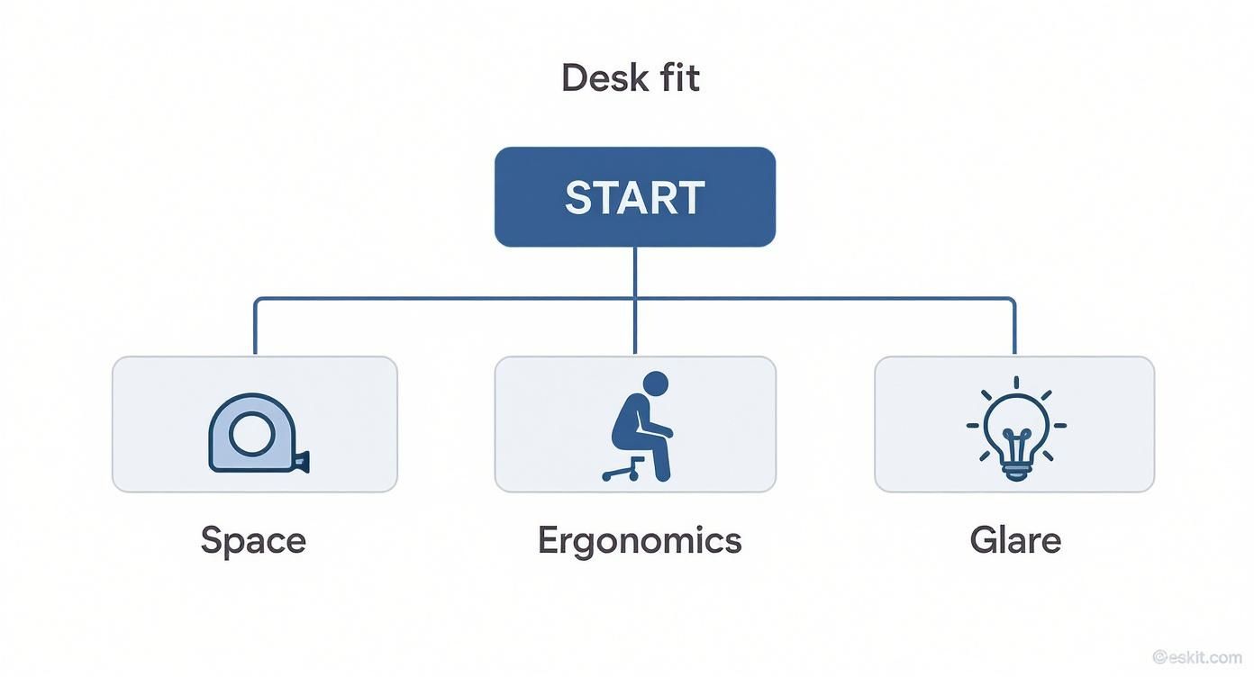 Flowchart shows desk fit evaluation criteria: space measurements, ergonomics, and glare considerations.