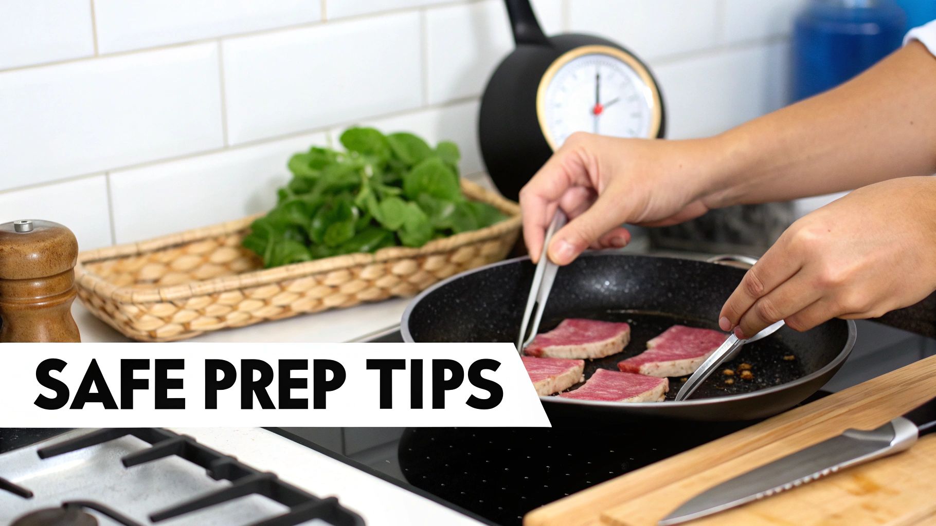A person uses tongs to cook meat slices in a frying pan on a stovetop, with fresh greens and a kitchen timer nearby.
