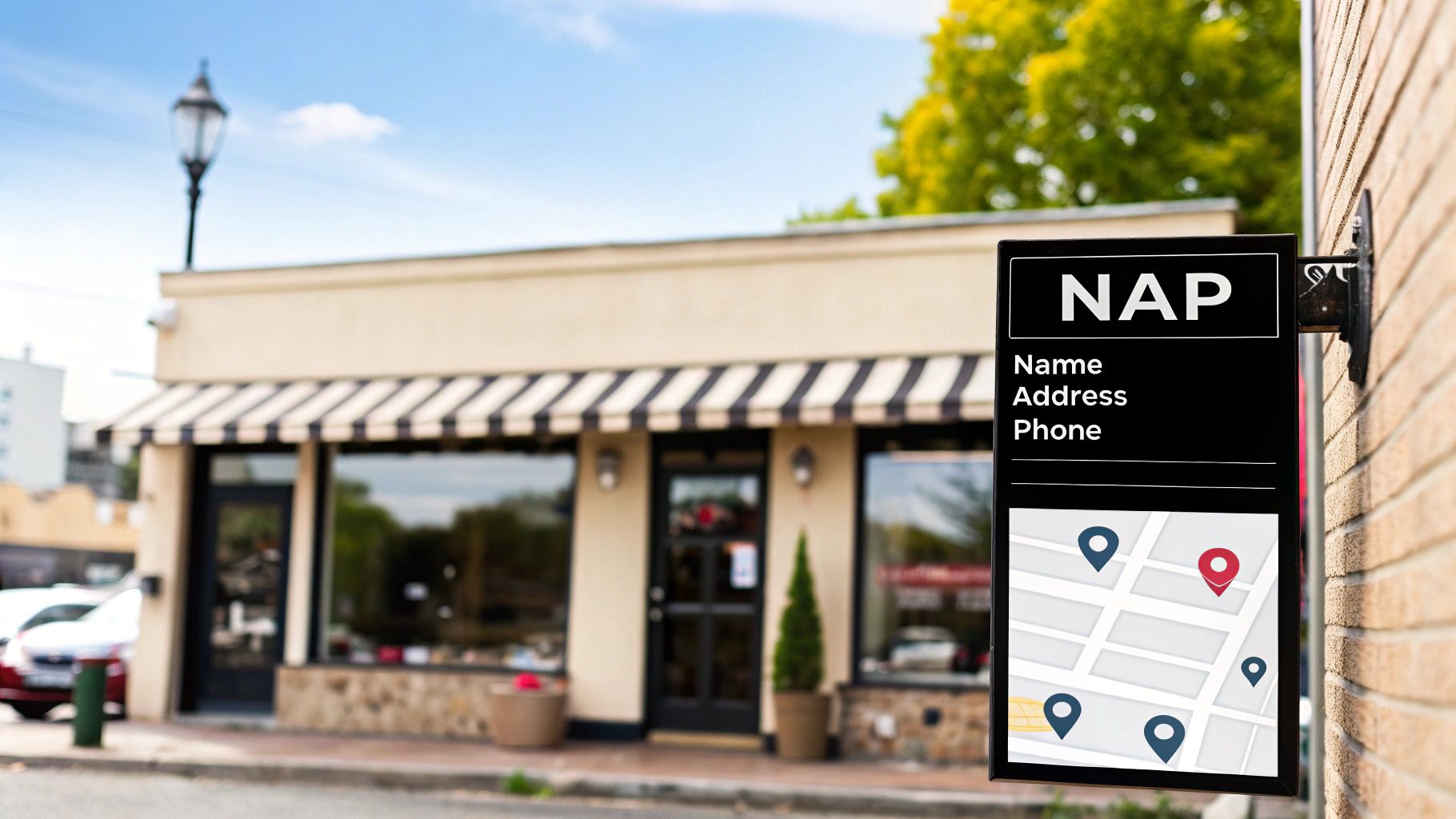 A person pointing to a map on a laptop screen, illustrating the concept of local citation building services and local SEO.